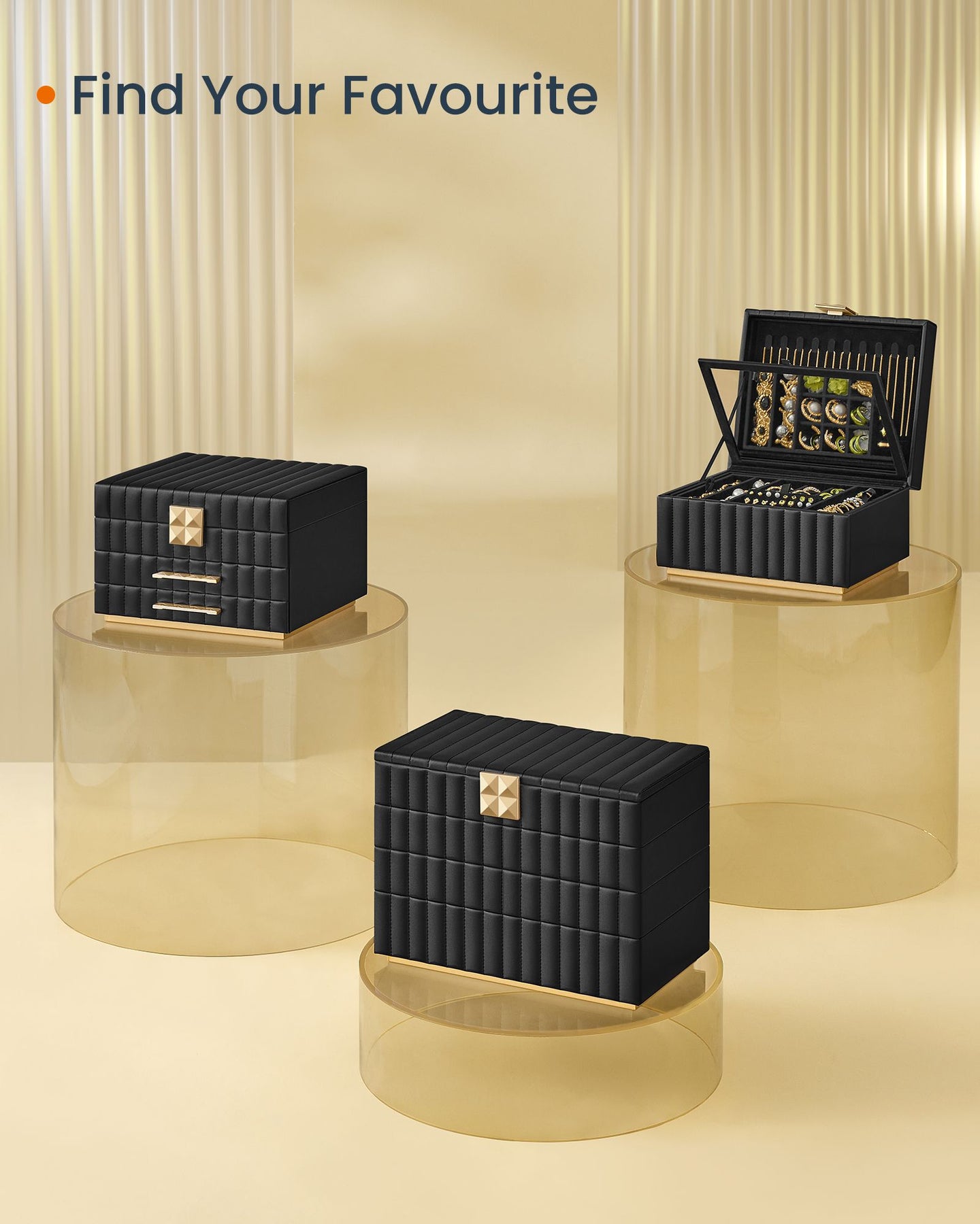 Jewellery Box - PU - Ink Black - 2-Tier with Mirror and Removable Tray
