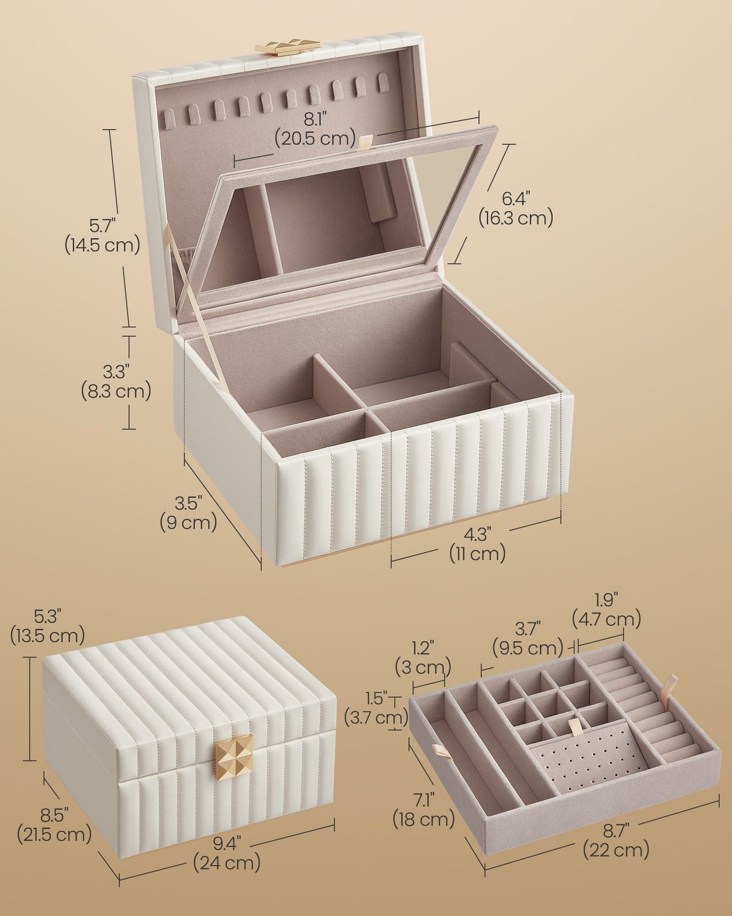 Jewellery Box - PU - Ink Black - 2-Tier with Mirror and Removable Tray