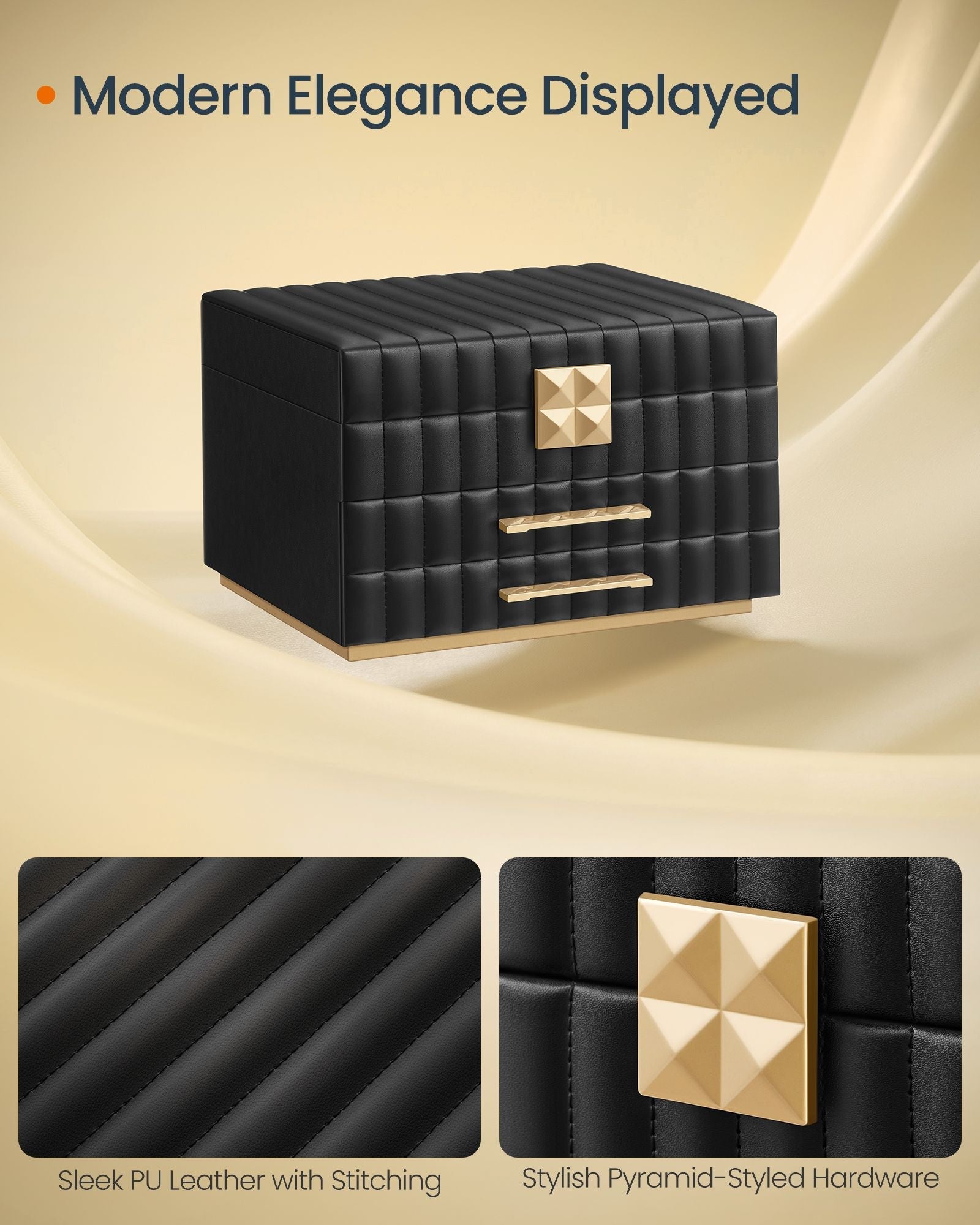 Jewellery Box - PU - Ink Black - 3 Tiers with Mirror and Drawers