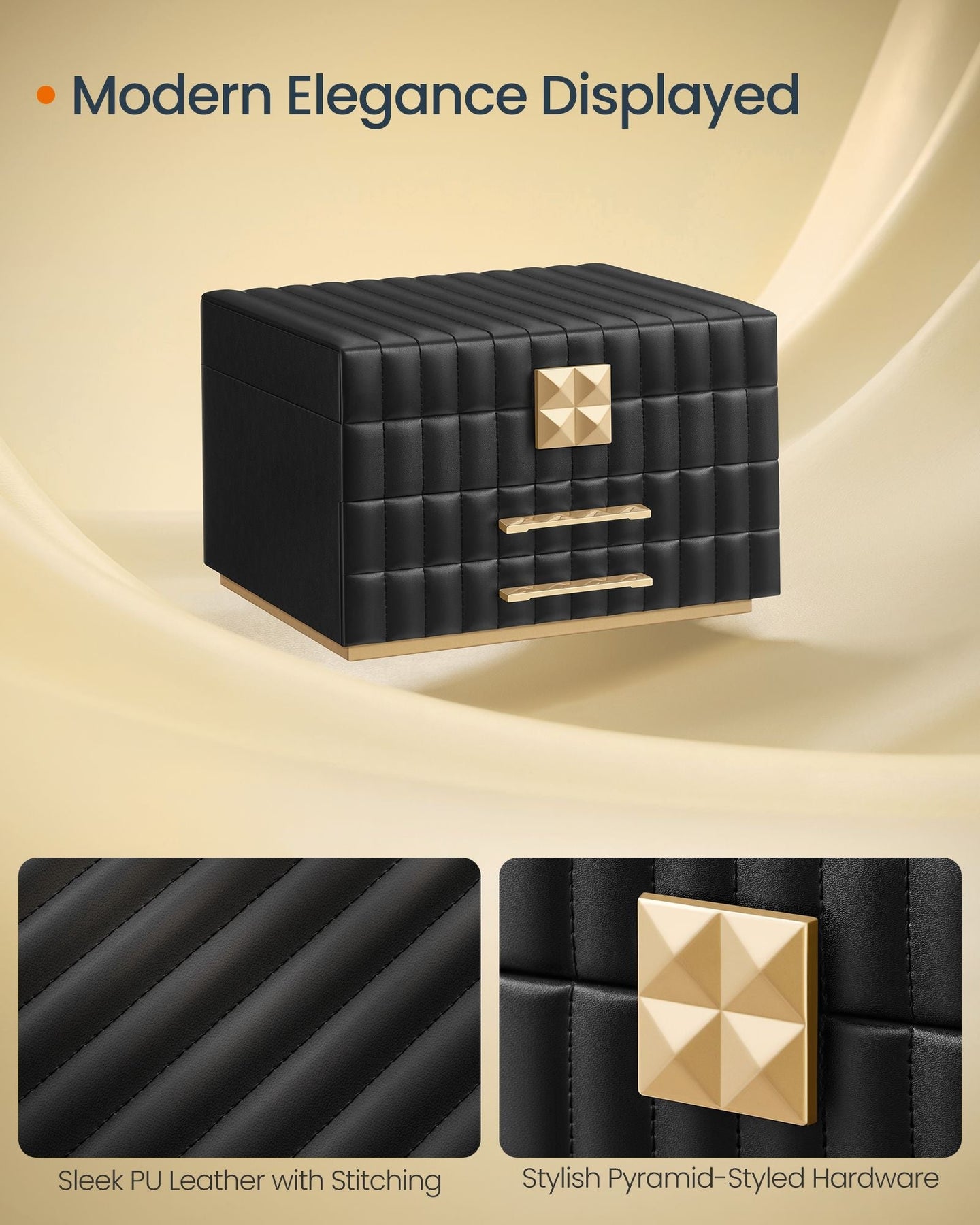 Jewellery Box - PU - Ink Black - 3 Tiers with Mirror and Drawers
