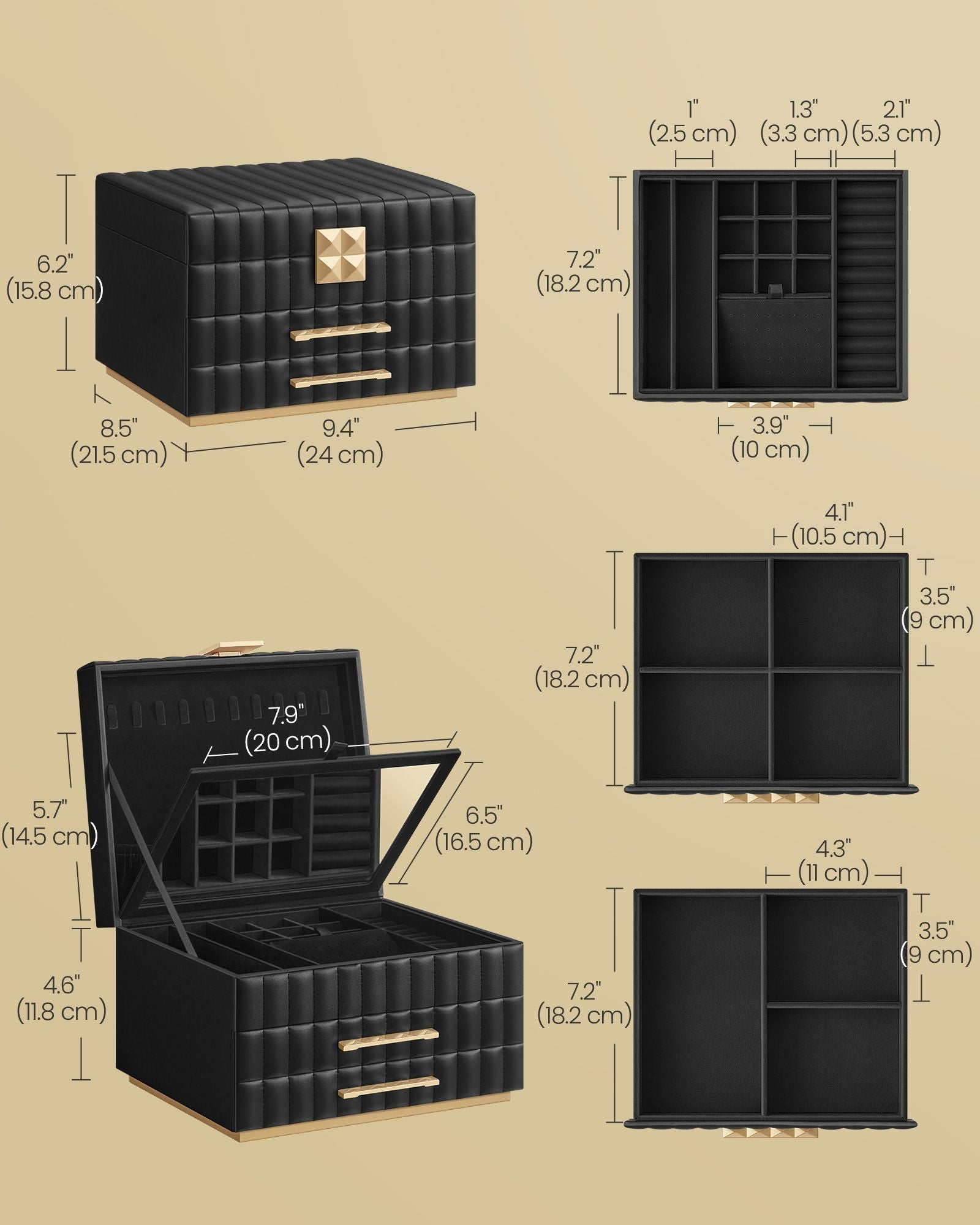 Jewellery Box - PU - Ink Black - 3 Tiers with Mirror and Drawers