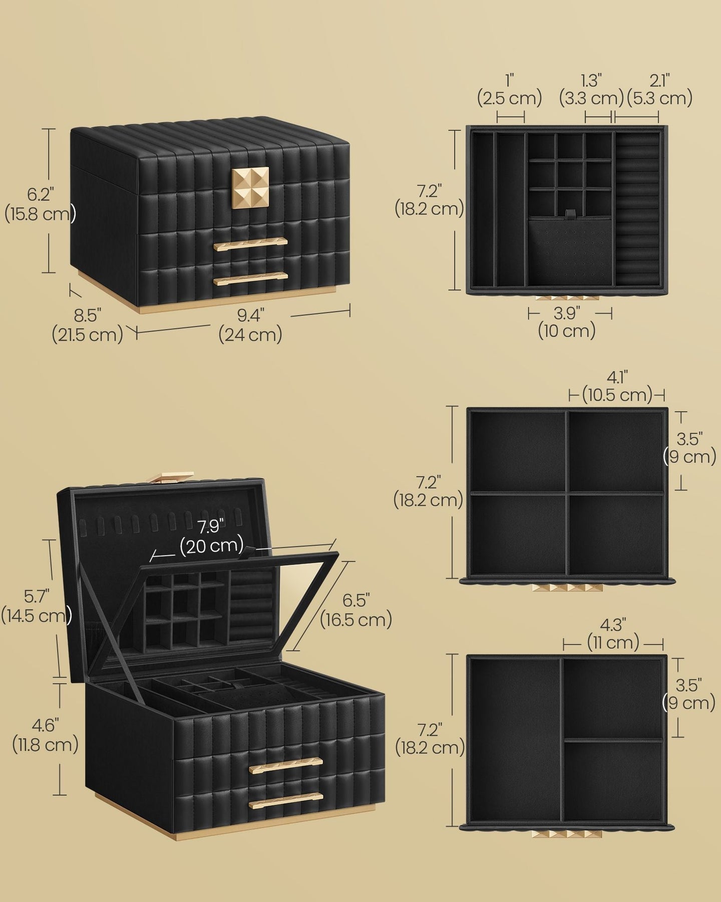 Jewellery Box - PU - Ink Black - 3 Tiers with Mirror and Drawers