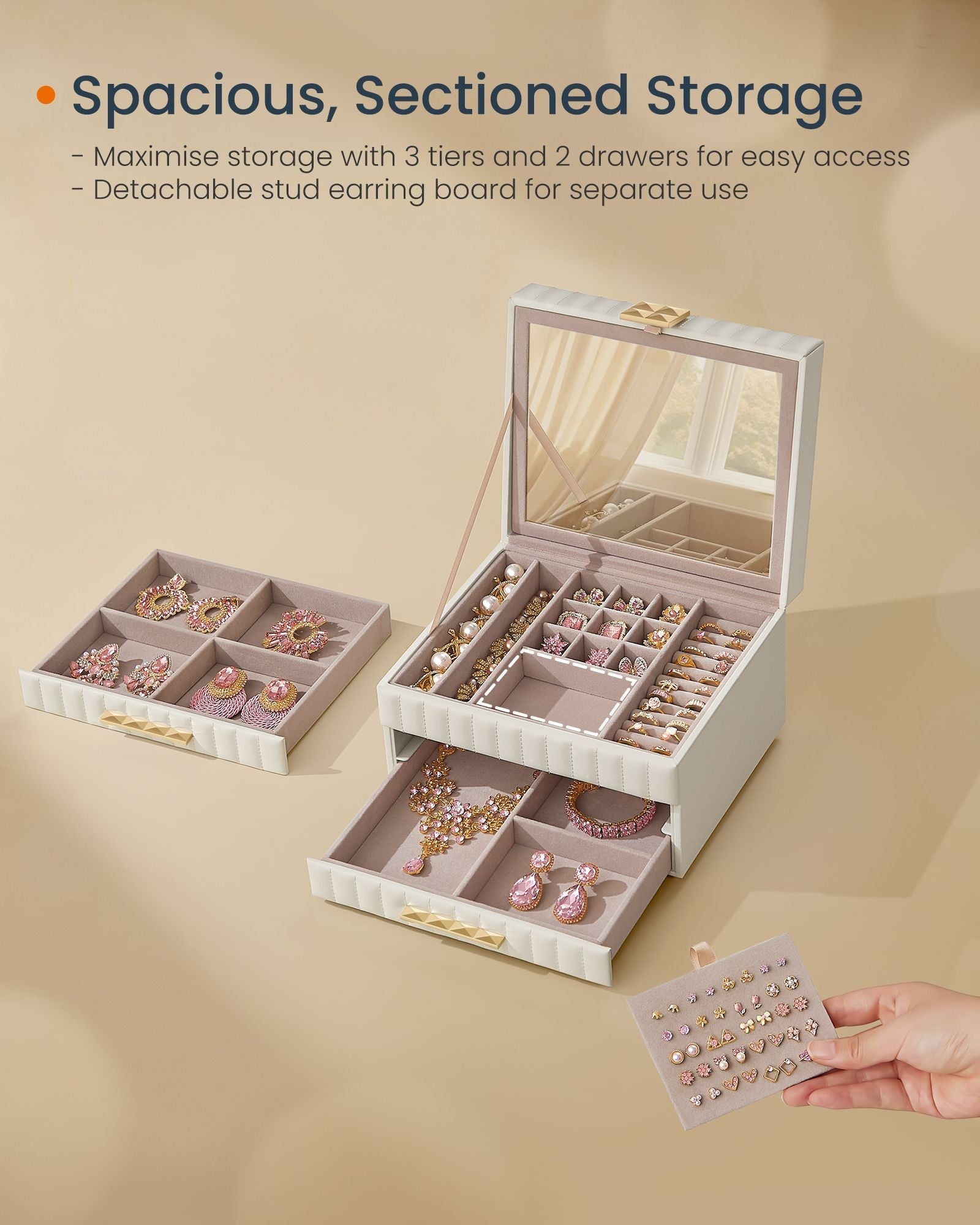 3-Tier Jewellery Box - PU - Cloud White - With Mirror and 2 Drawers