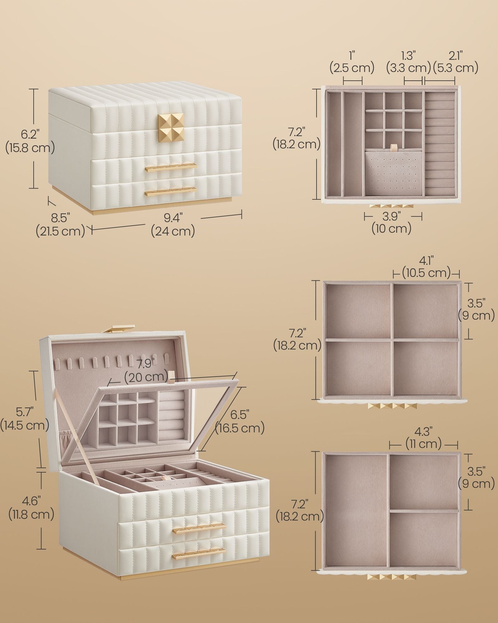 3-Tier Jewellery Box - PU - Cloud White - With Mirror and 2 Drawers
