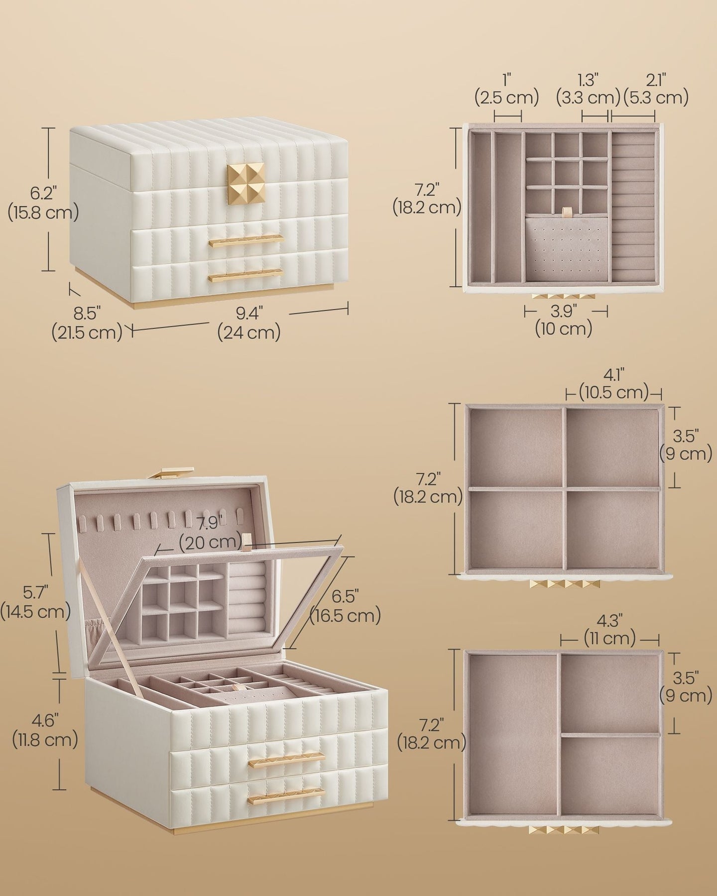 3-Tier Jewellery Box - PU - Cloud White - With Mirror and 2 Drawers