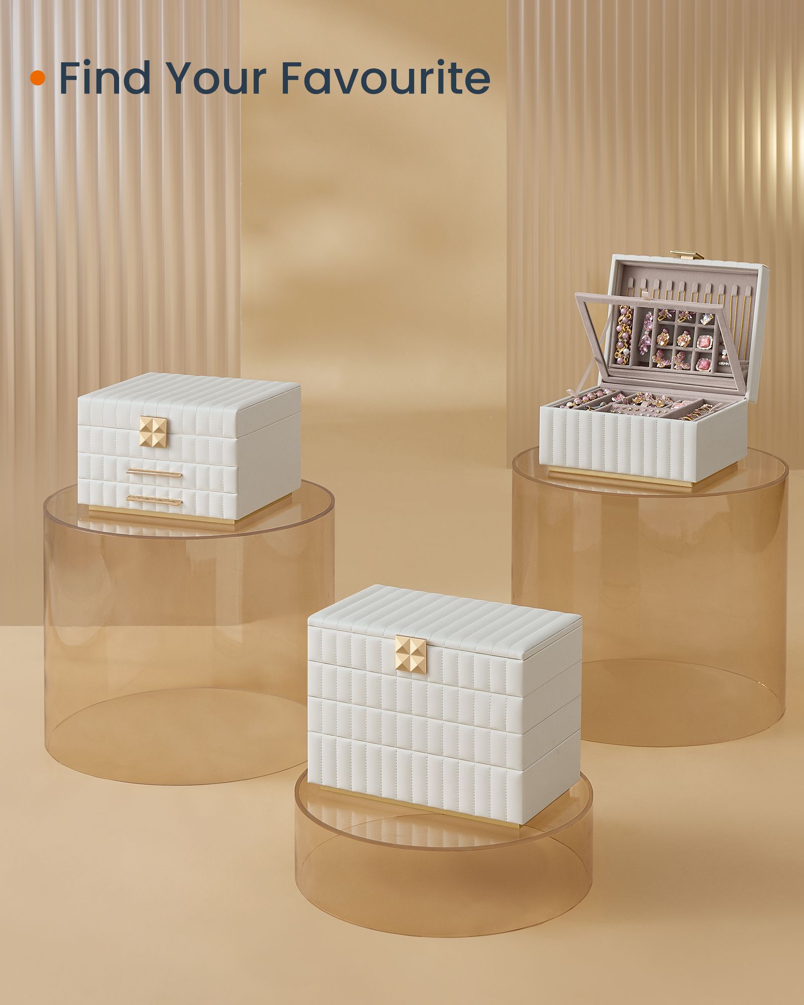 3-Tier Jewellery Box - PU - Cloud White - With Mirror and 2 Drawers