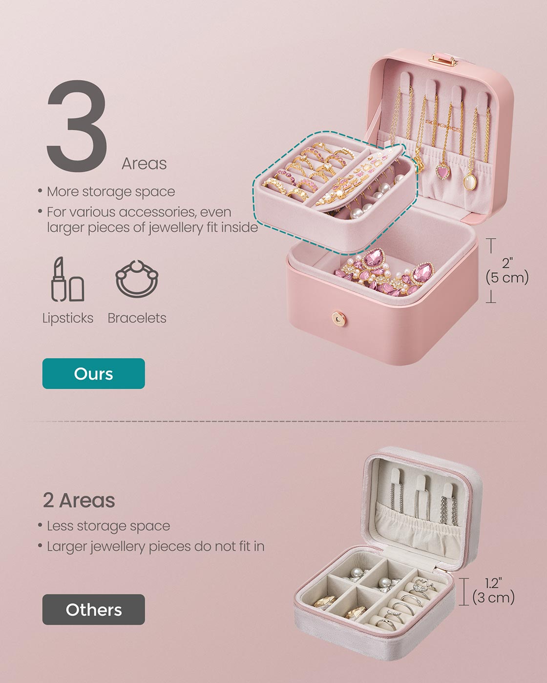 Jewellery Box - 2-Layer Travel Storage - Jelly Pink - Portable