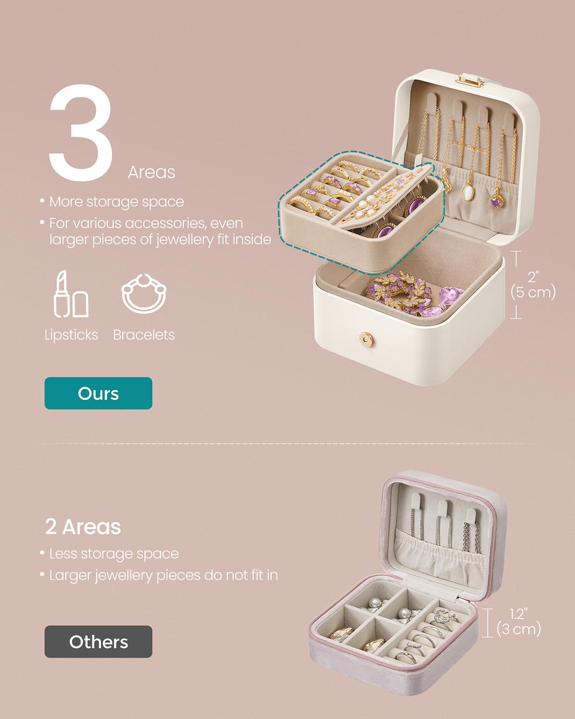 Jewellery Box - Wood - Cloud White - Portable 2-Layer Travel Storage
