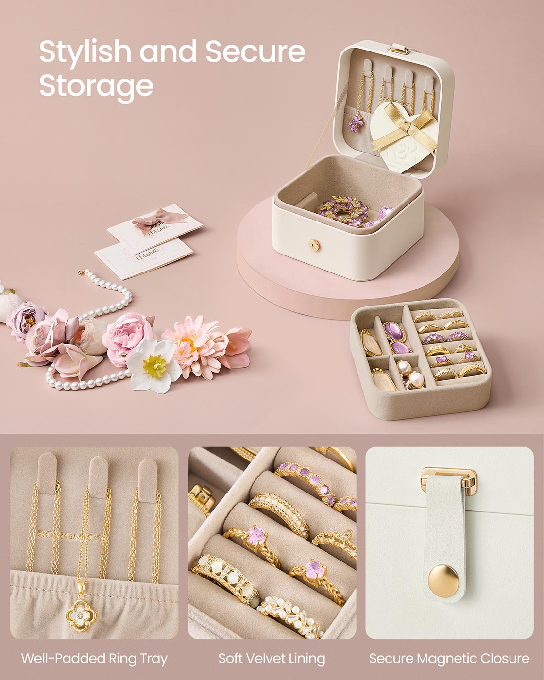 Jewellery Box - Wood - Cloud White - Portable 2-Layer Travel Storage