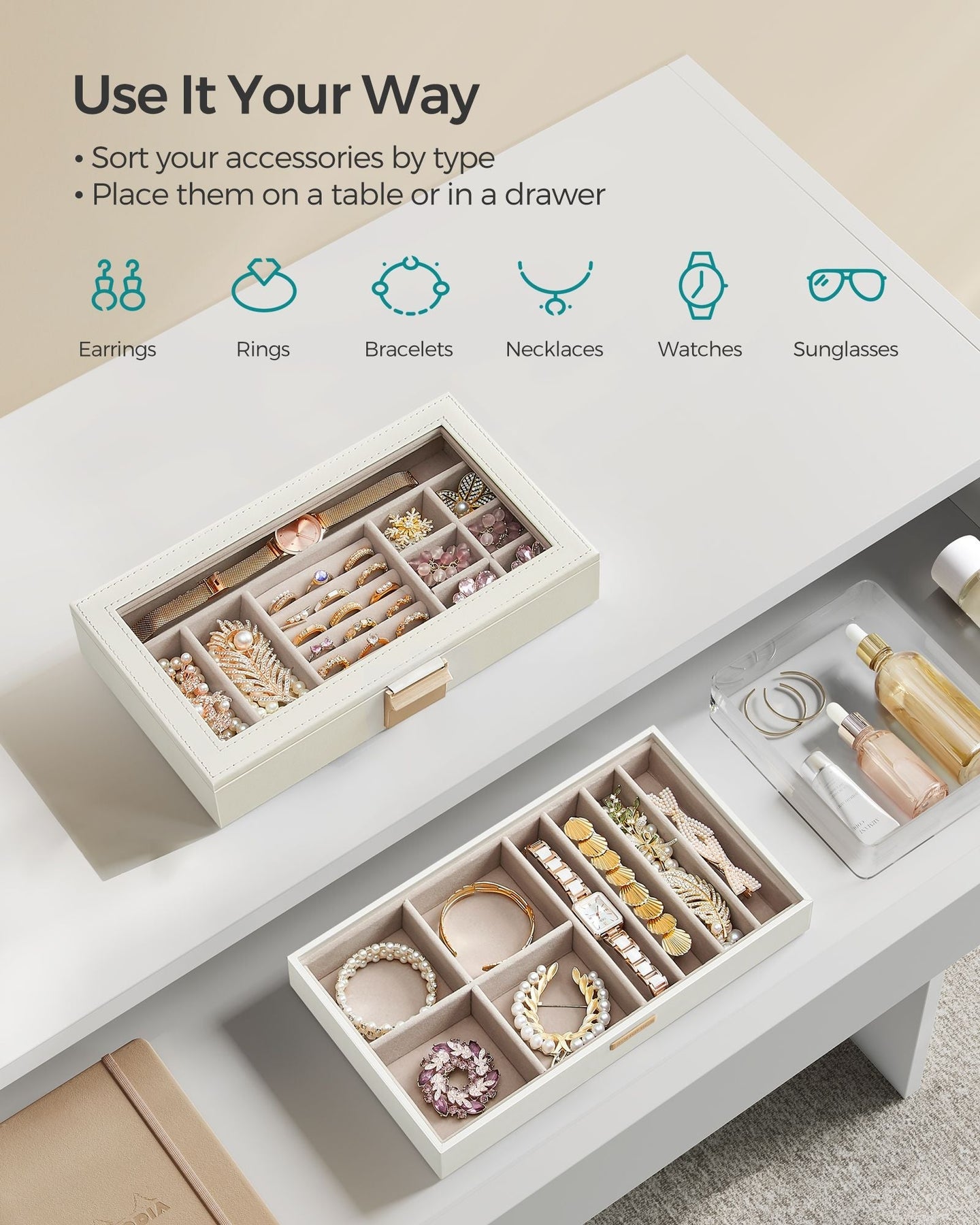 Stackable Jewellery Trays - 2-Tier Design - Clear Glass - Cloud White