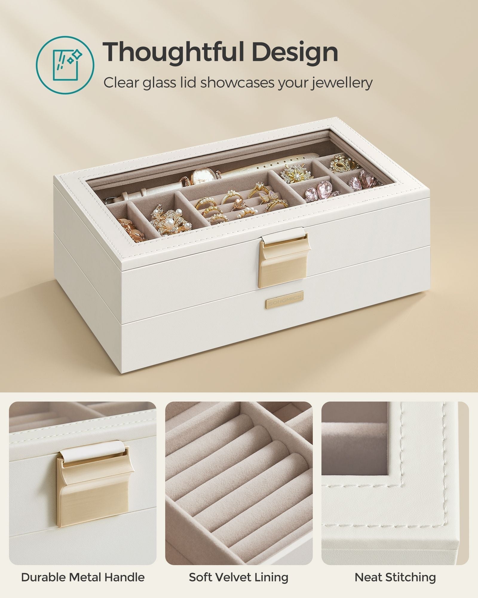 Stackable Jewellery Trays - 2-Tier Design - Clear Glass - Cloud White