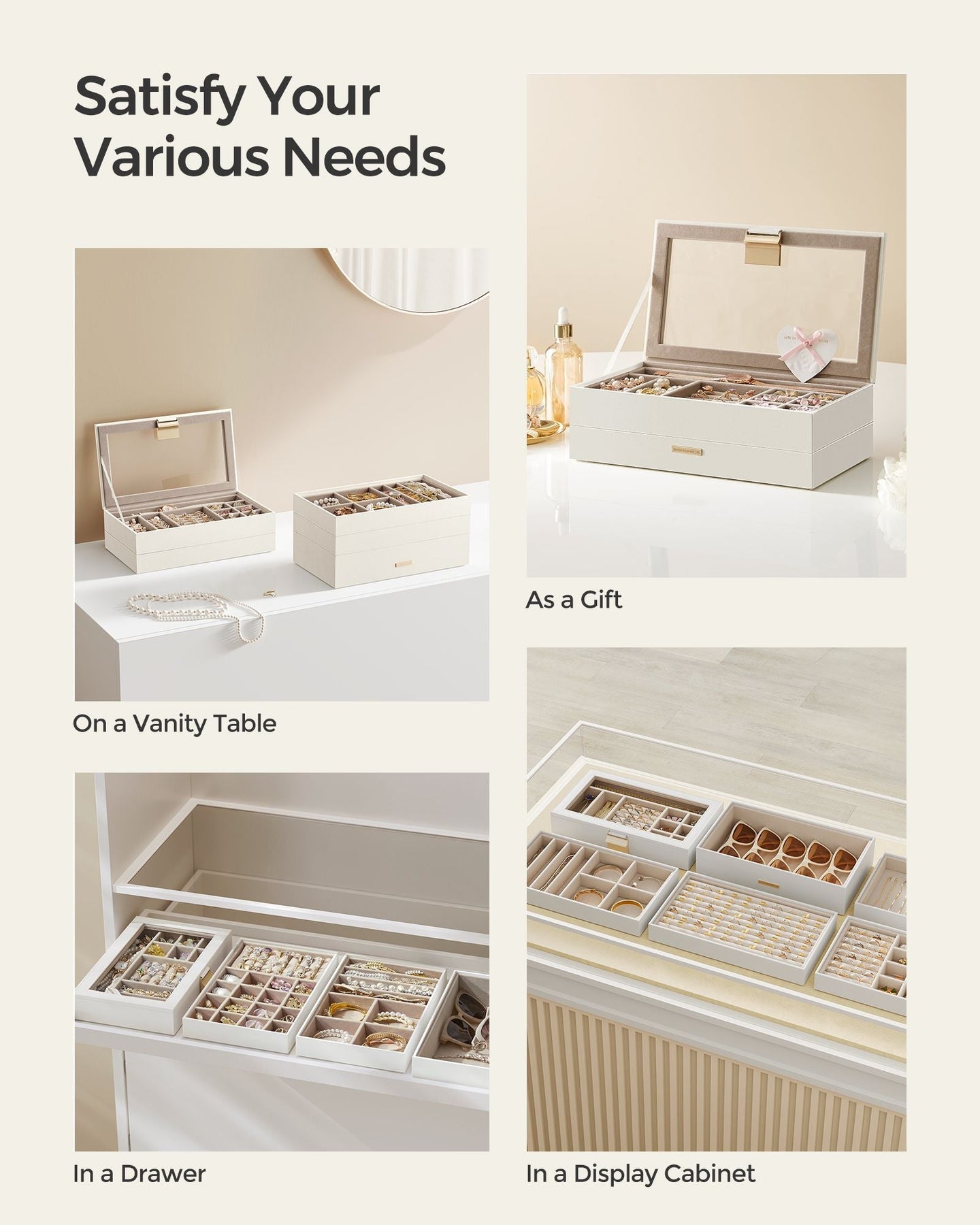 Stackable Jewellery Trays - 2-Tier Design - Clear Glass - Cloud White