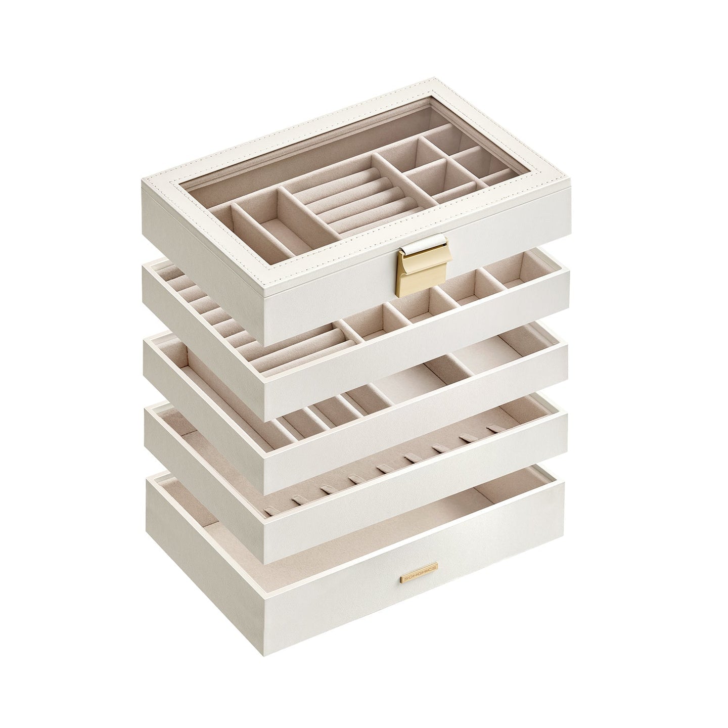 5-Tier Stackable Jewellery Box - Wood - Cloud White - Clear Glass Lid