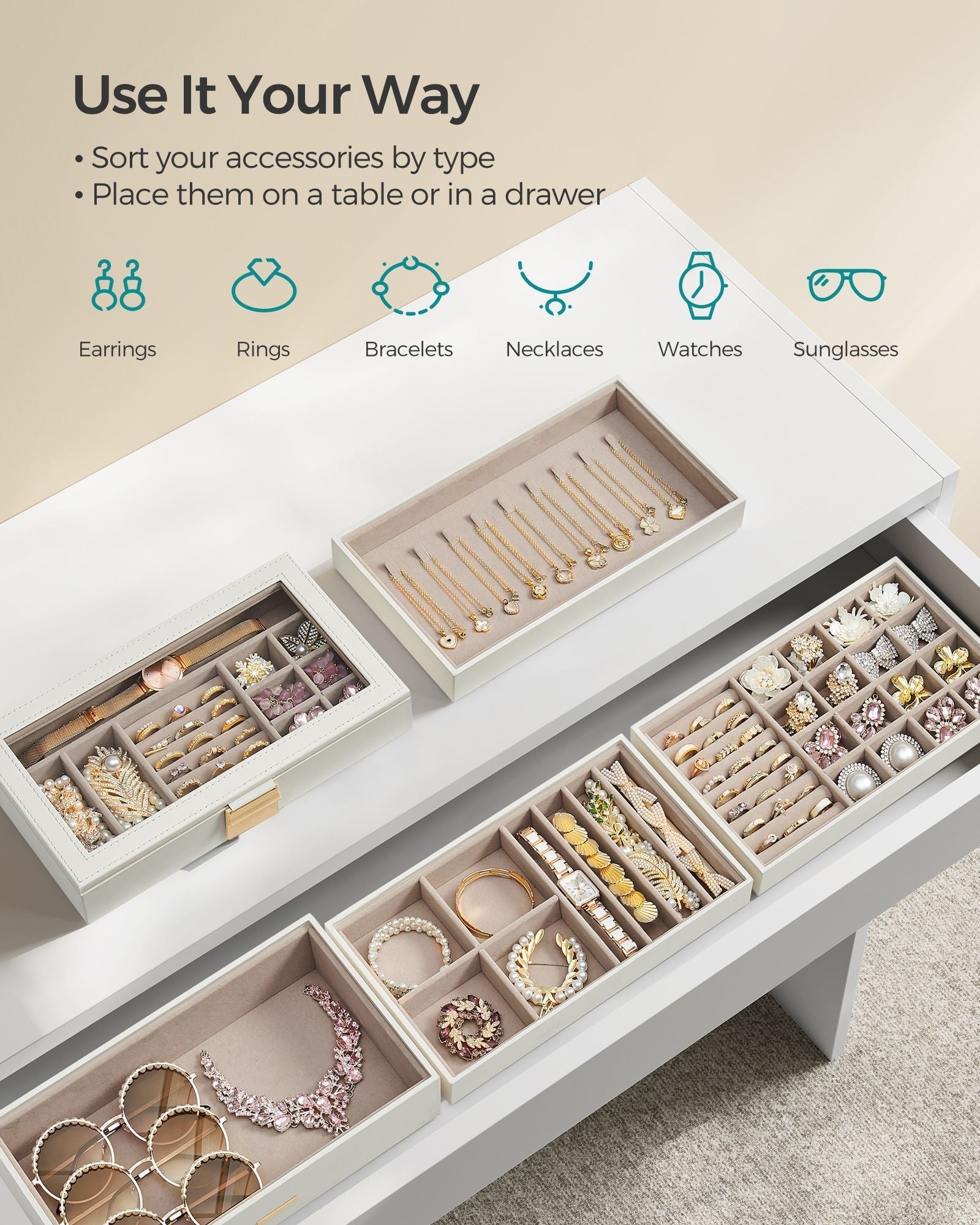 5-Tier Stackable Jewellery Box - Wood - Cloud White - Clear Glass Lid