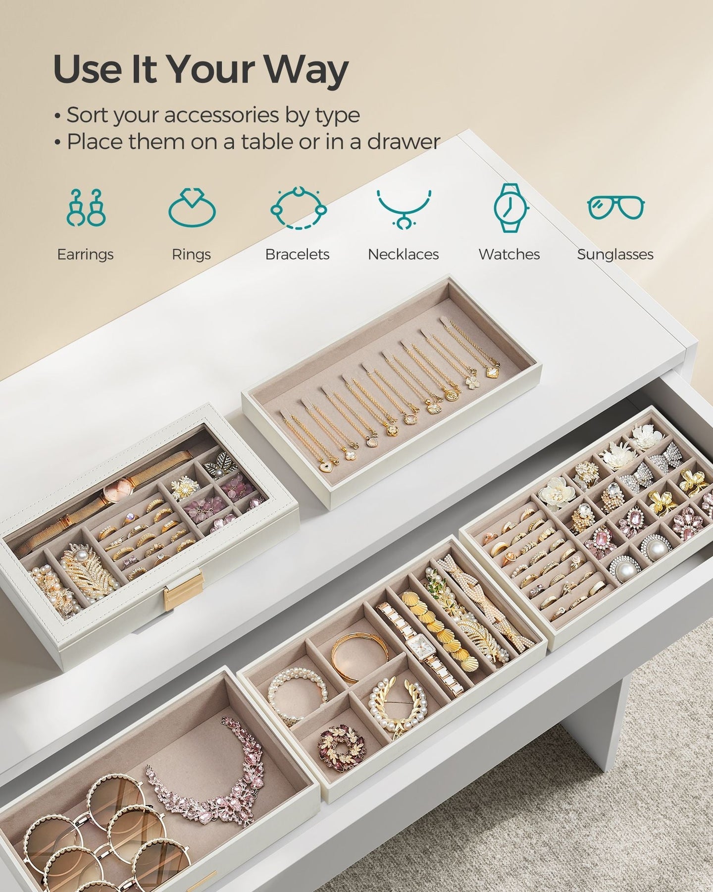 5-Tier Stackable Jewellery Box - Wood - Cloud White - Clear Glass Lid