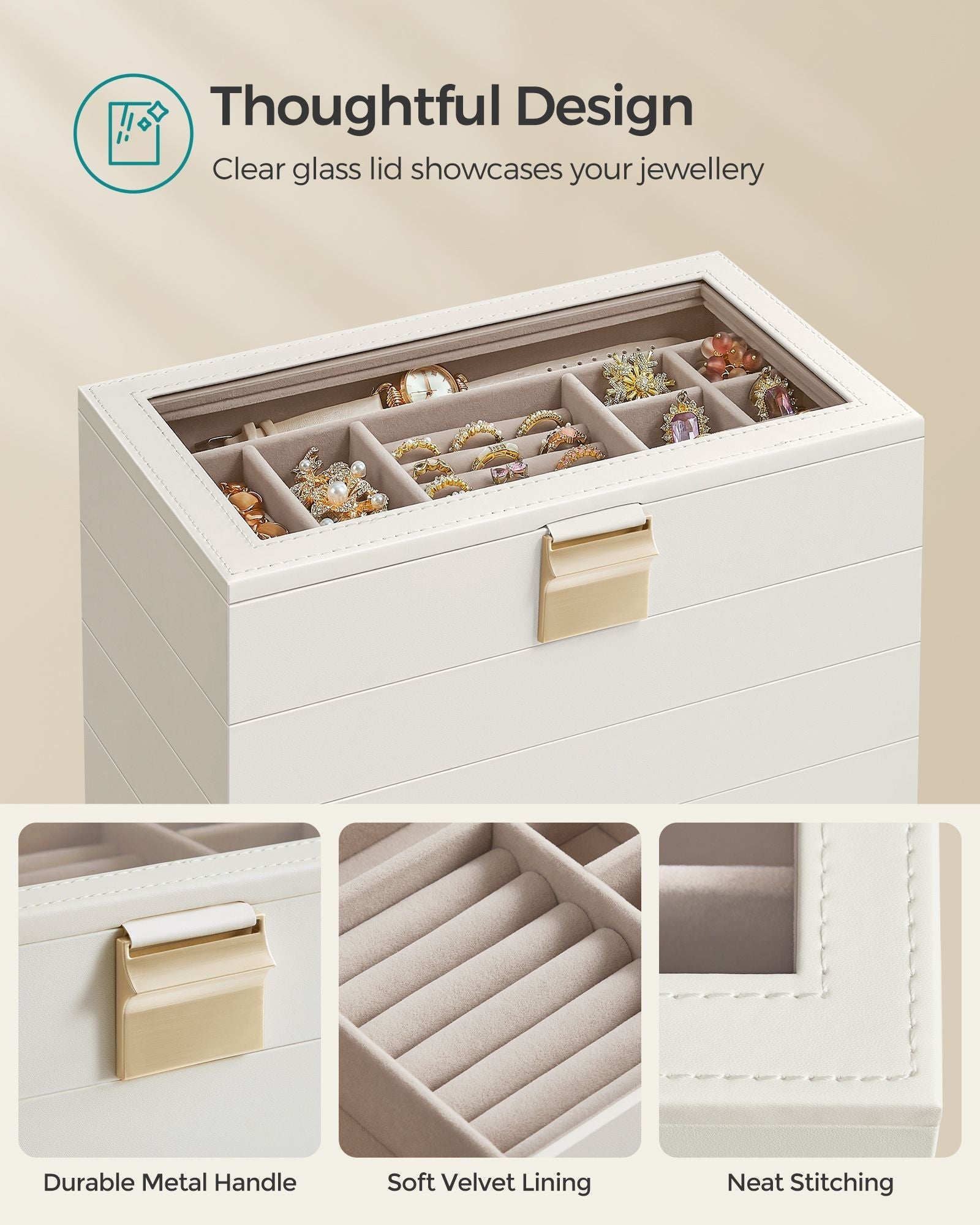 5-Tier Stackable Jewellery Box - Wood - Cloud White - Clear Glass Lid