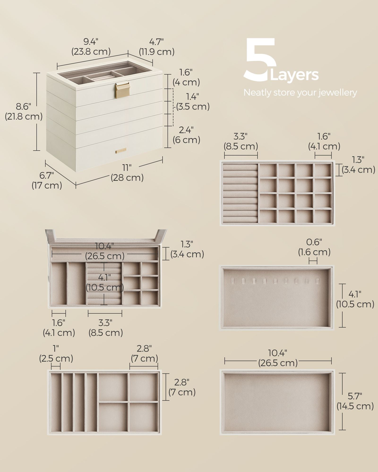 5-Tier Stackable Jewellery Box - Wood - Cloud White - Clear Glass Lid