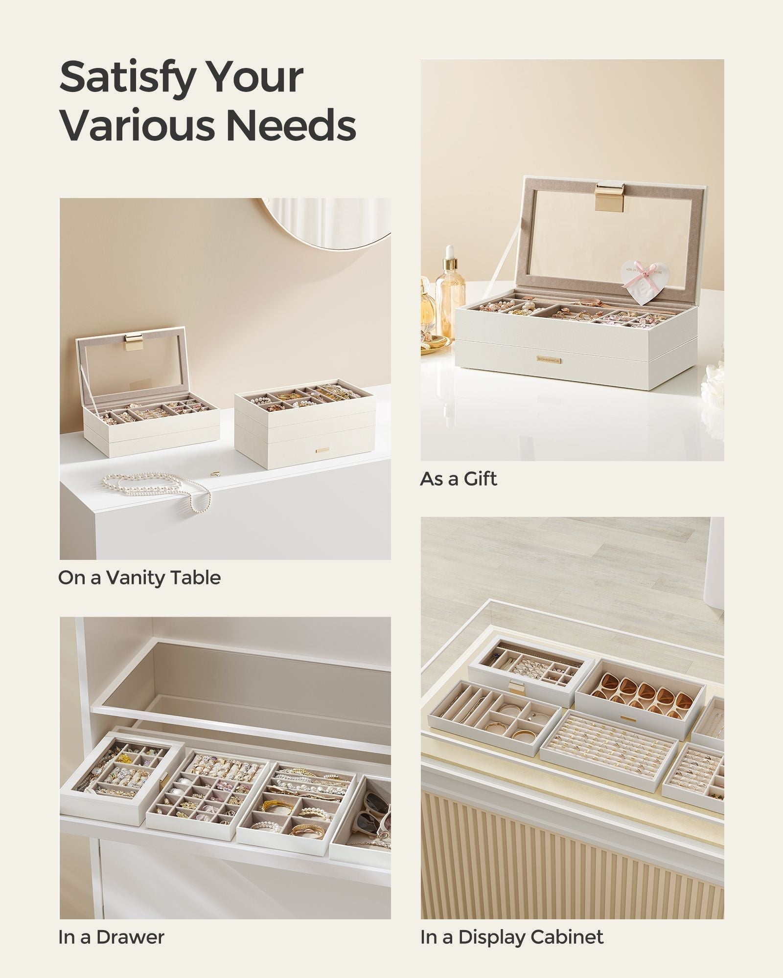 5-Tier Stackable Jewellery Box - Wood - Cloud White - Clear Glass Lid