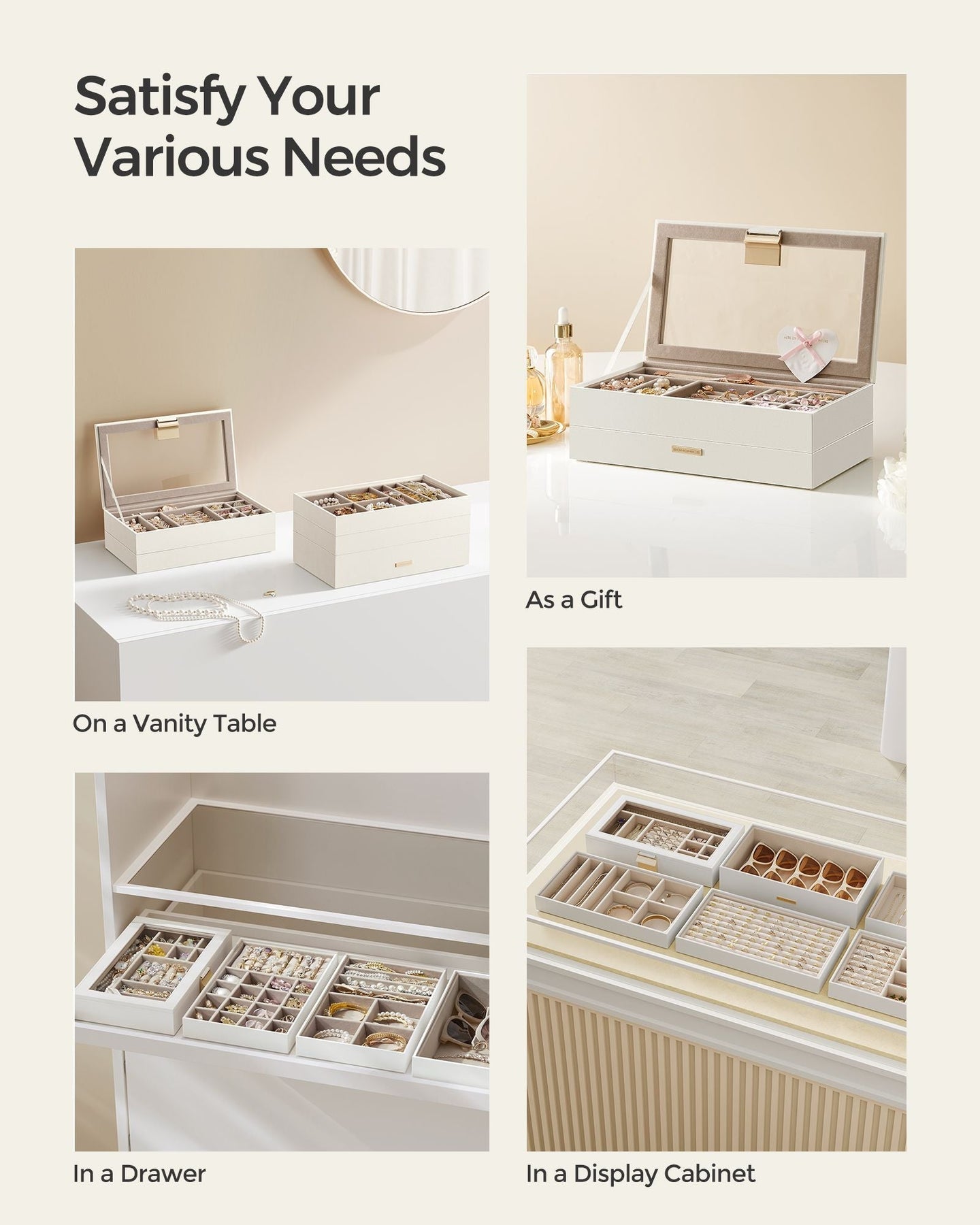 5-Tier Stackable Jewellery Box - Wood - Cloud White - Clear Glass Lid