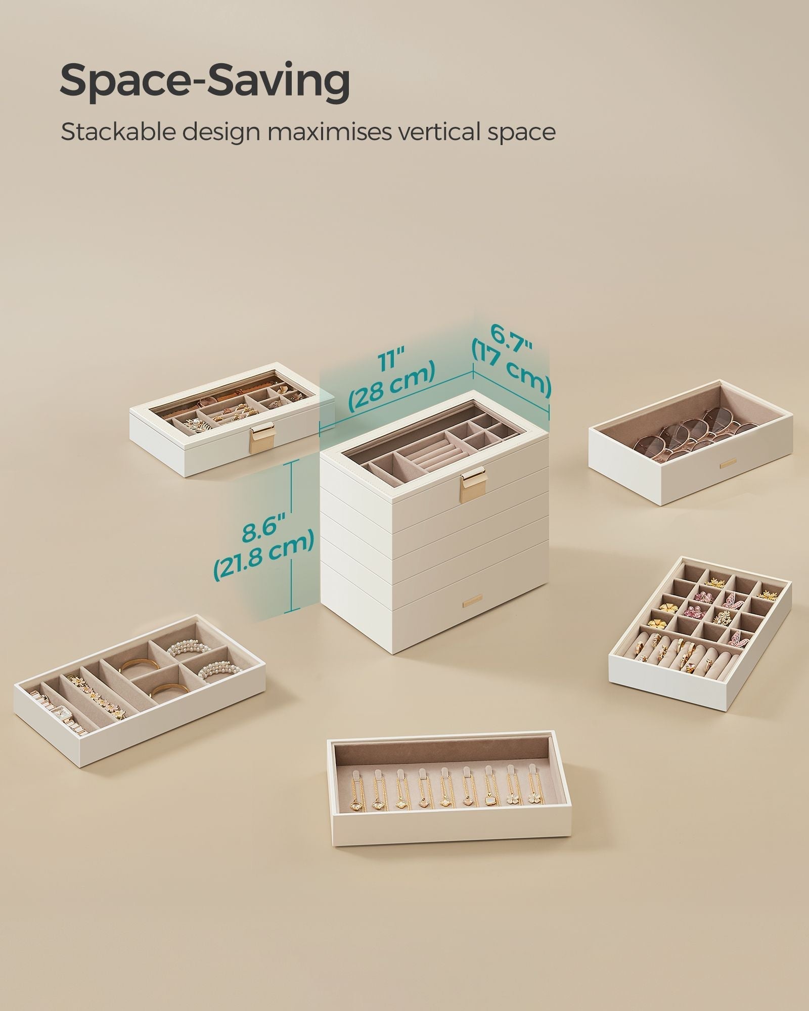 5-Tier Stackable Jewellery Box - Wood - Cloud White - Clear Glass Lid