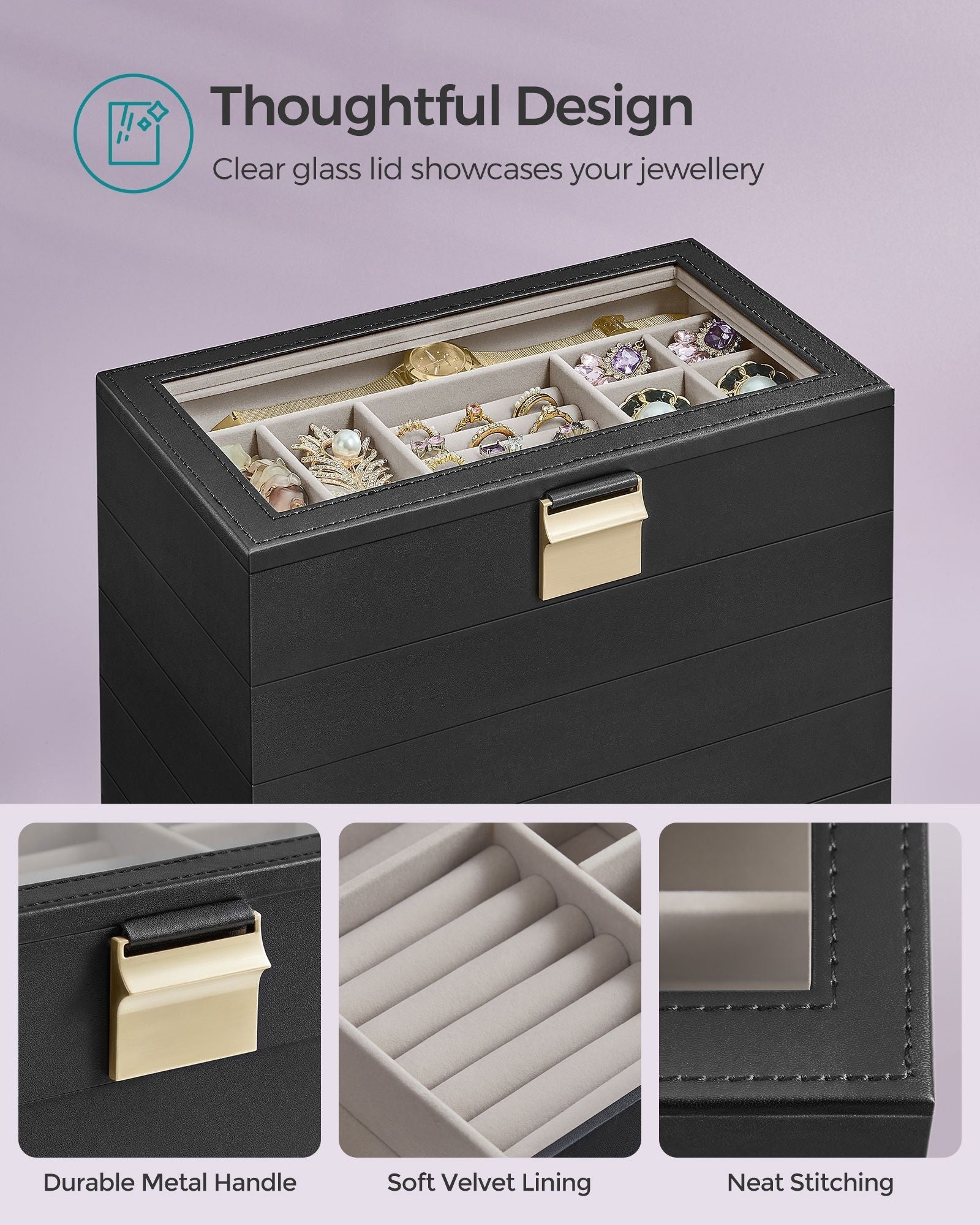 Stackable Jewellery Tray - 6-Tier Design - Glass - Ink Black
