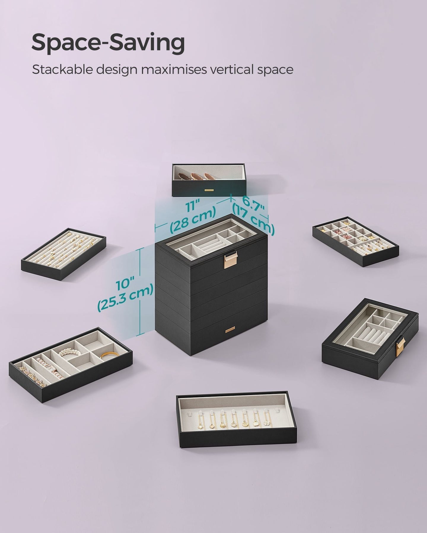 Stackable Jewellery Tray - 6-Tier Design - Glass - Ink Black