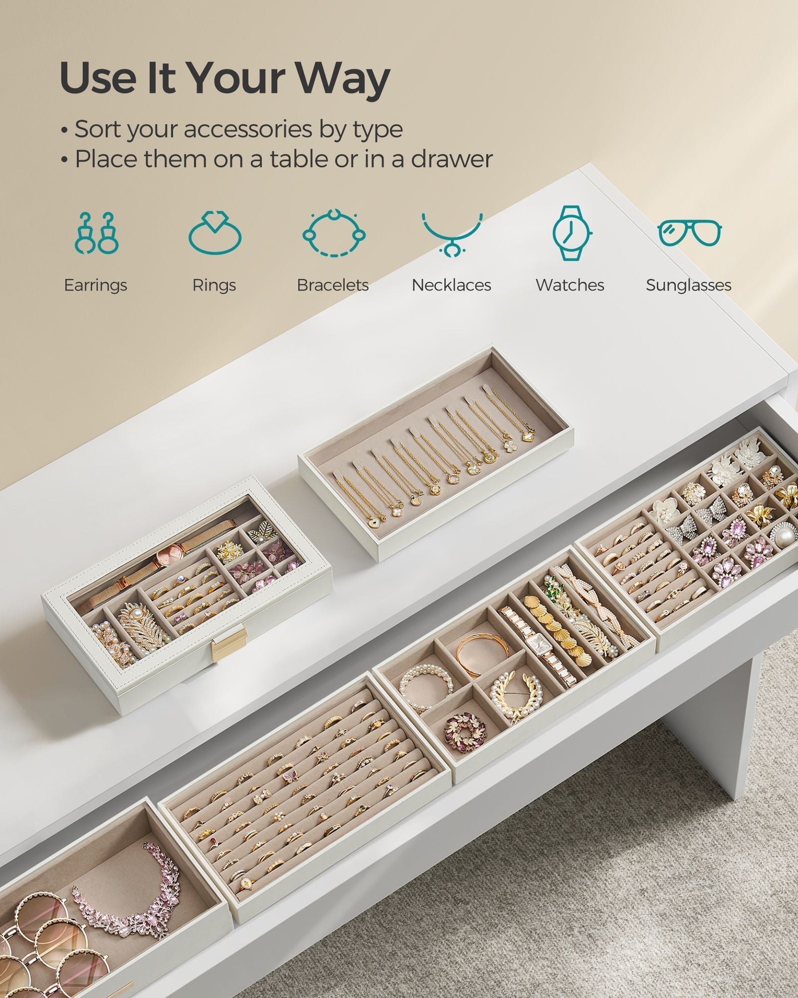 Jewellery Tray - 6-Tier Stackable Design - Glass - Cloud White