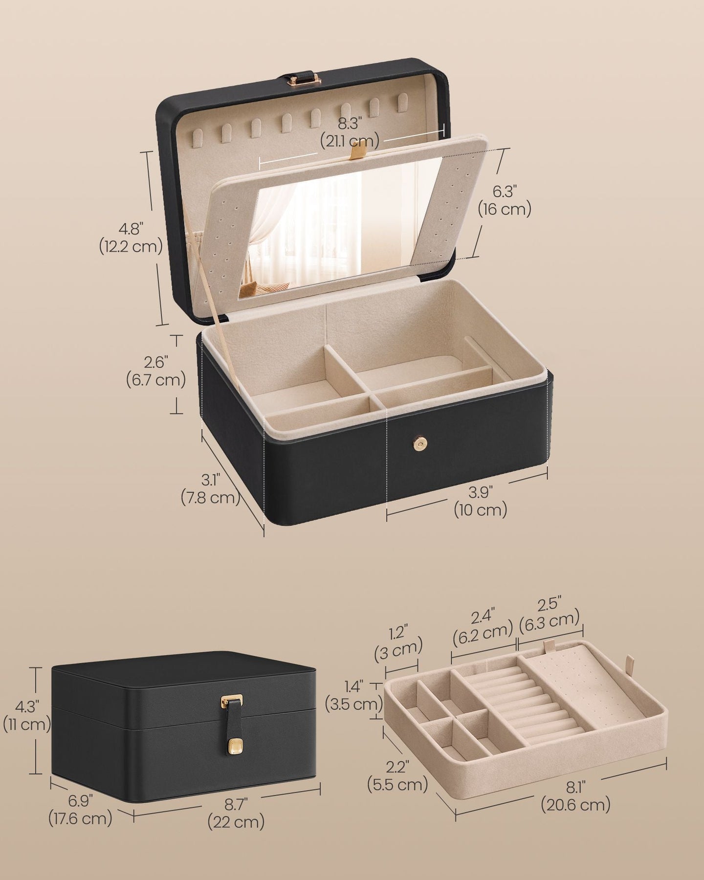2-Layer Jewellery Box - Faux Leather - Ink Black - Removable Tray with Mirror