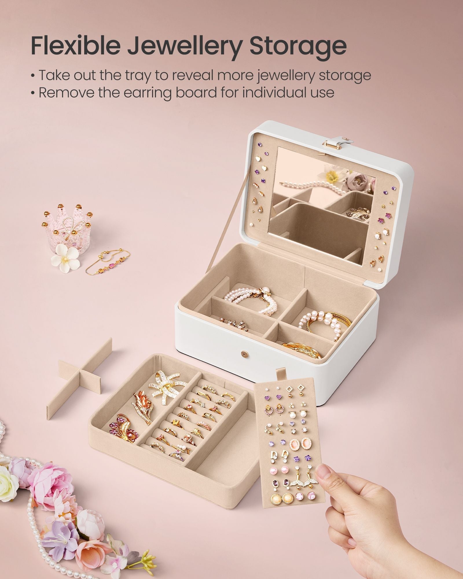 Jewellery Box - Fabric - Cloud White - 2-Layer with Mirror and Removable Tray