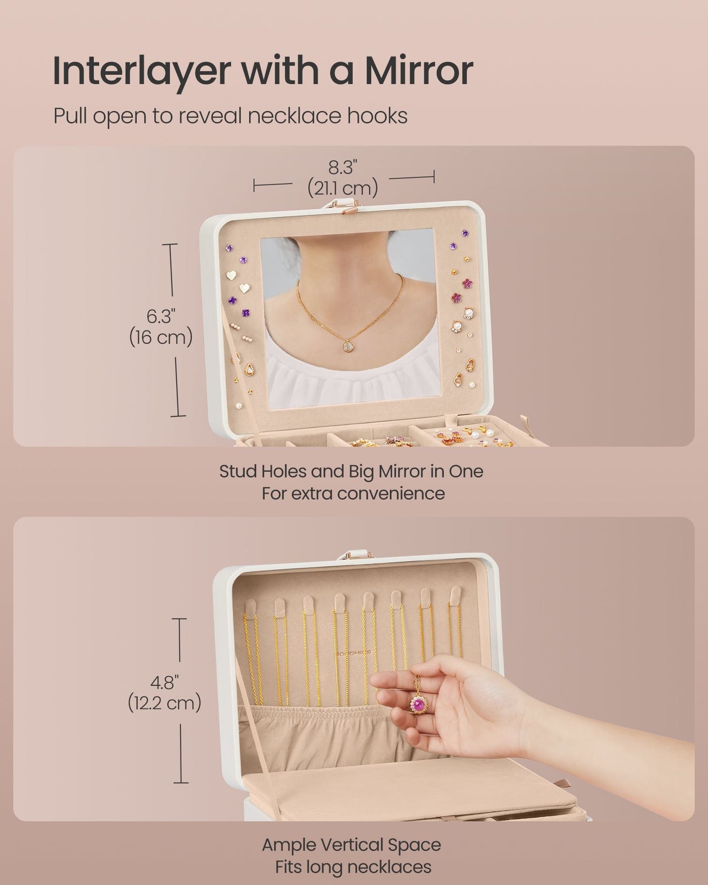 Jewellery Box - Fabric - Cloud White - 2-Layer with Mirror and Removable Tray
