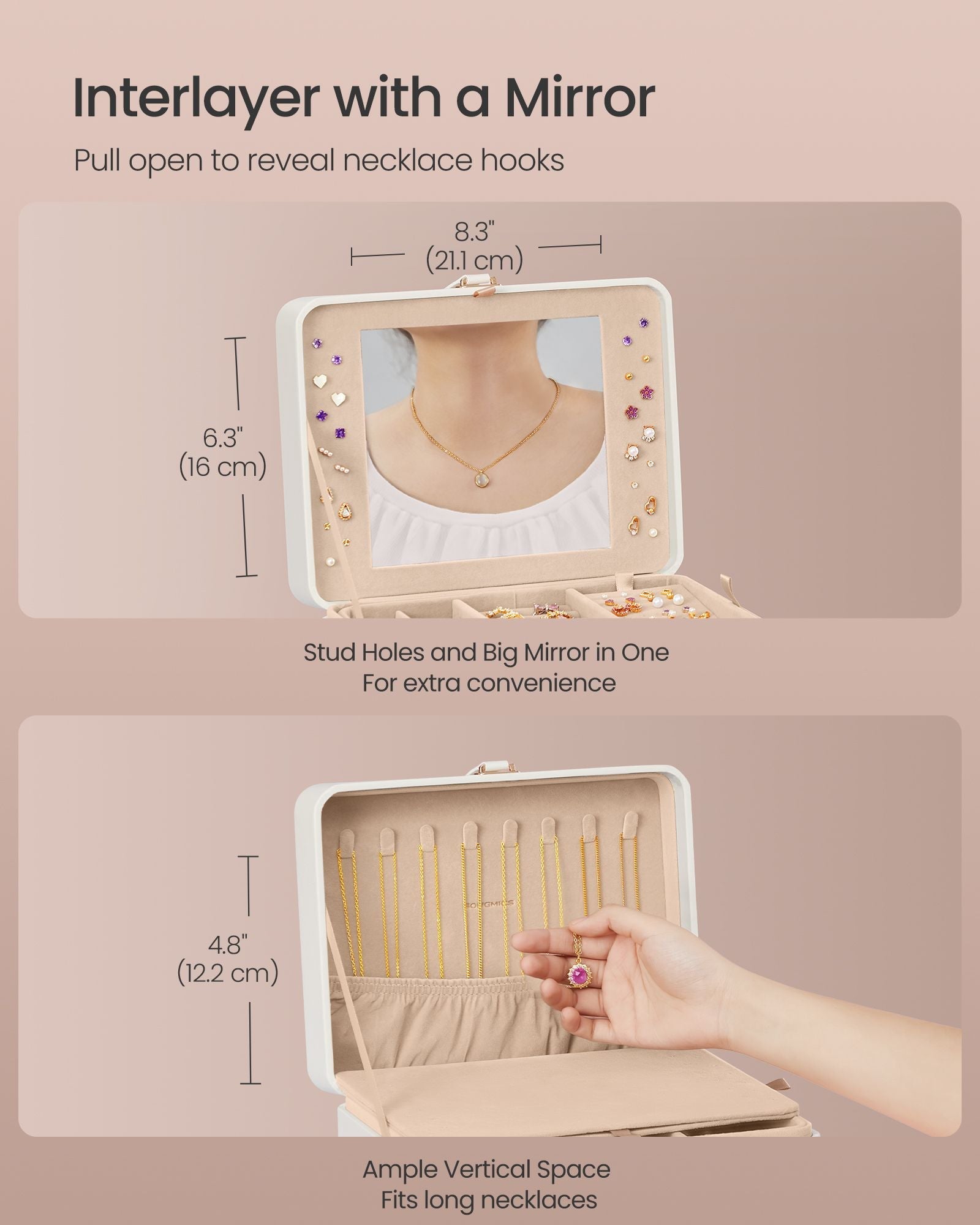 Jewellery Box - Fabric - Cloud White - 2-Layer with Mirror and Removable Tray