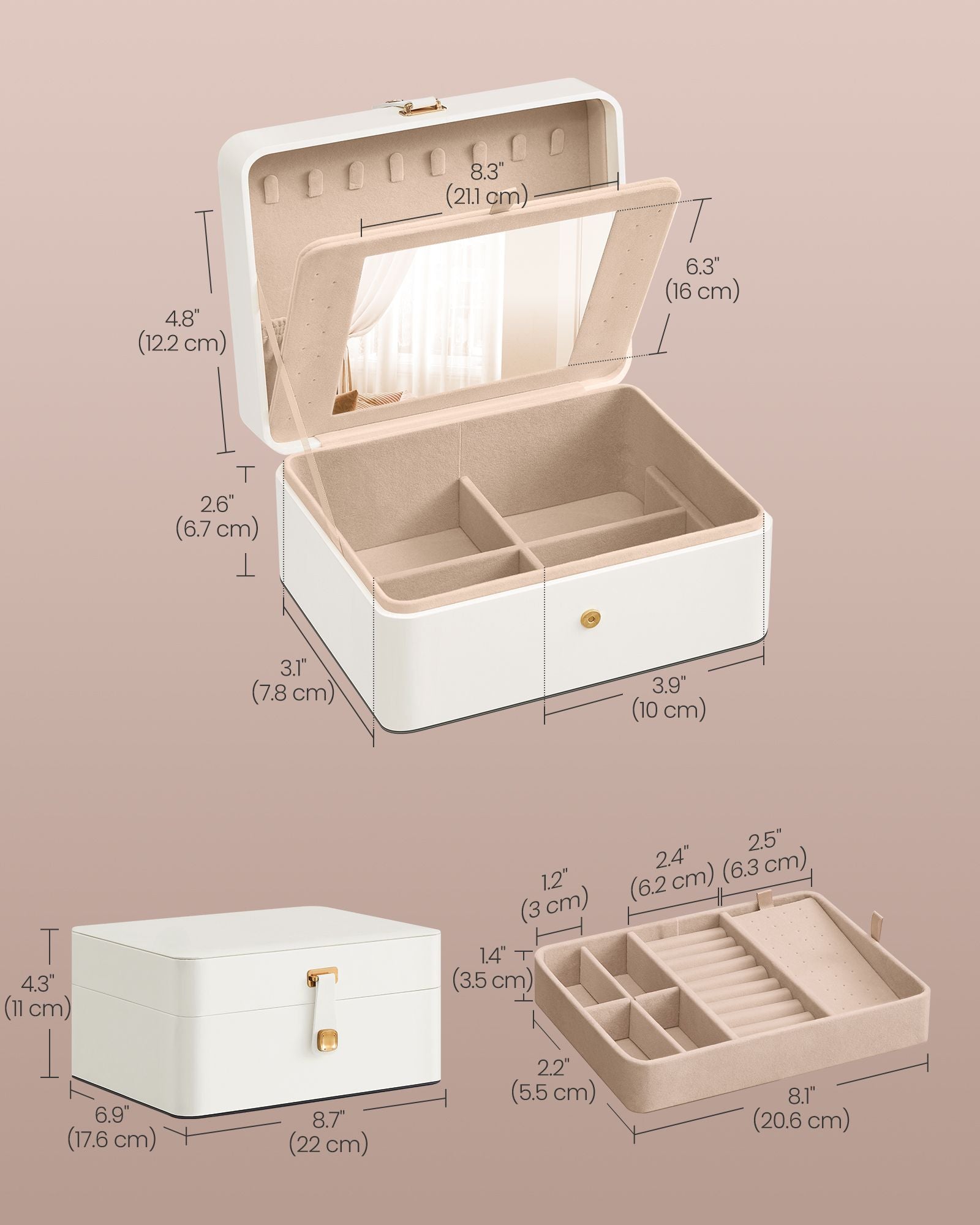 Jewellery Box - Fabric - Cloud White - 2-Layer with Mirror and Removable Tray