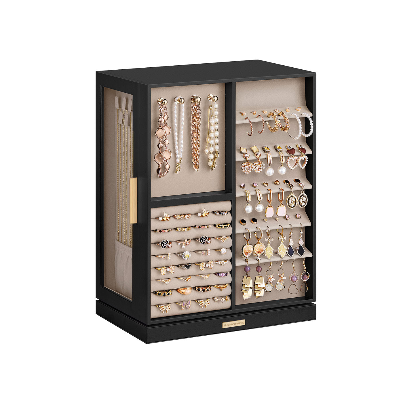 Jewellery Box - Wood - Black - 360° Rotating with 5 Drawers and Open Design