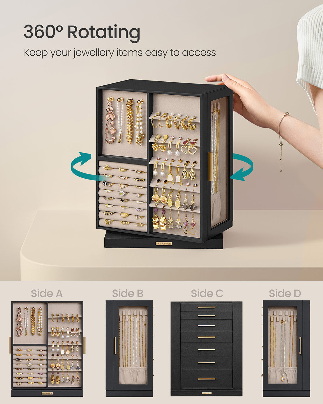 Jewellery Box - Wood - Black - 360° Rotating with 5 Drawers and Open Design
