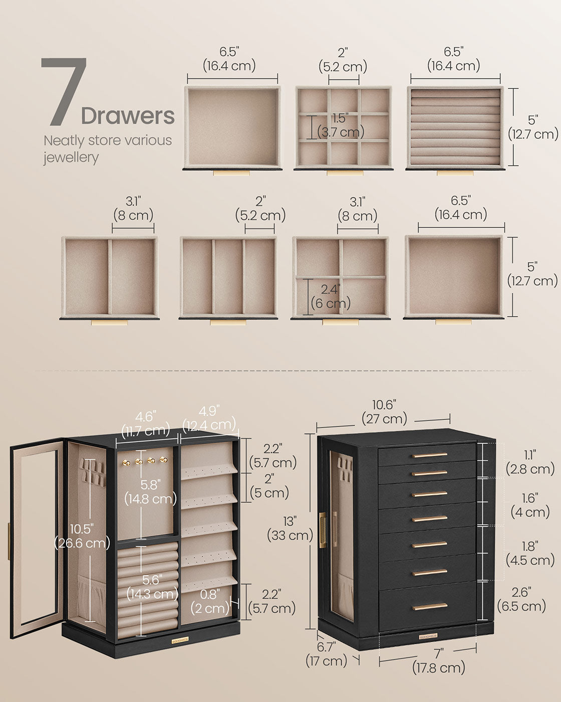 Jewellery Box - Wood - Black - 360° Rotating with 5 Drawers and Open Design
