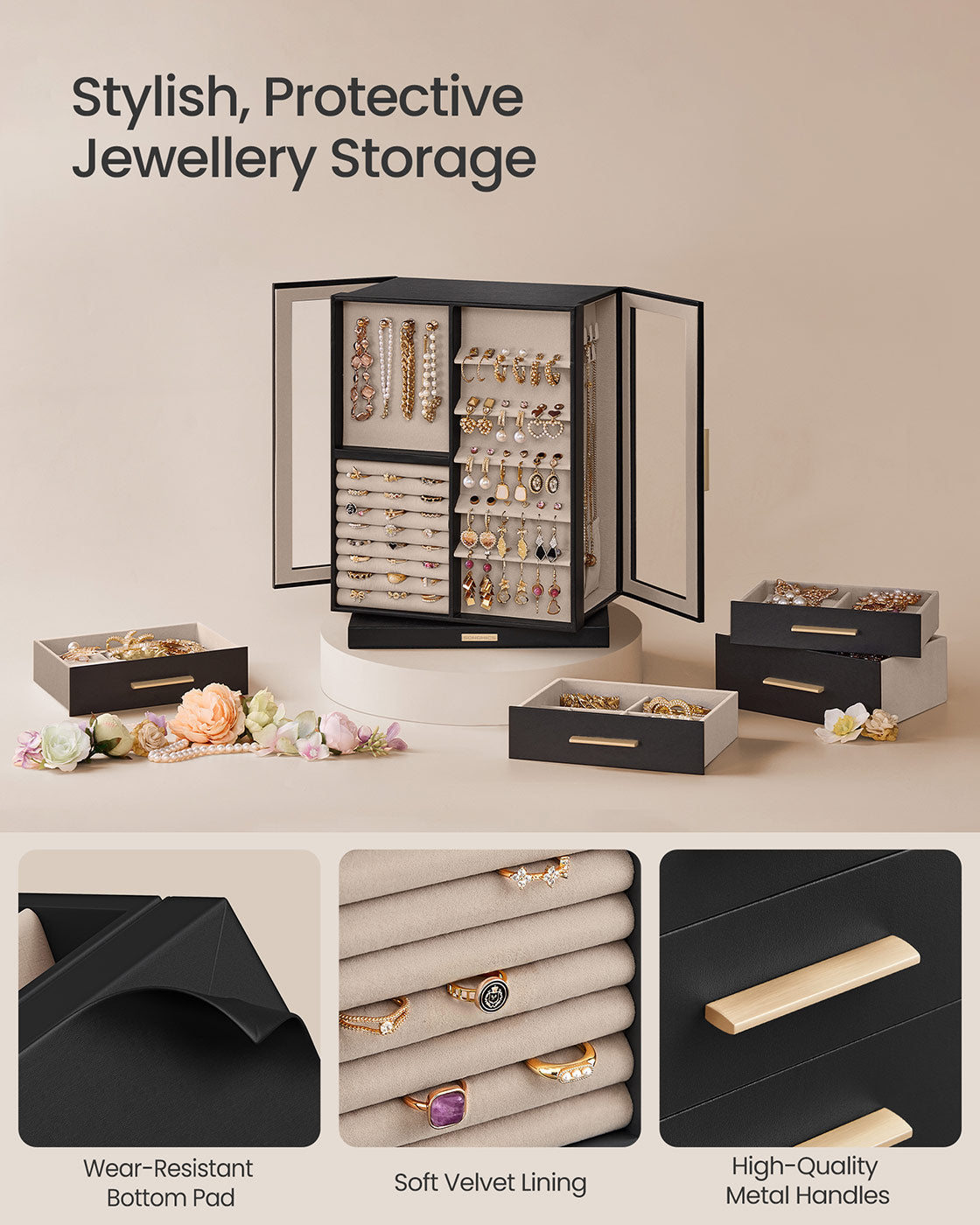 Jewellery Box - Wood - Black - 360° Rotating with 5 Drawers and Open Design