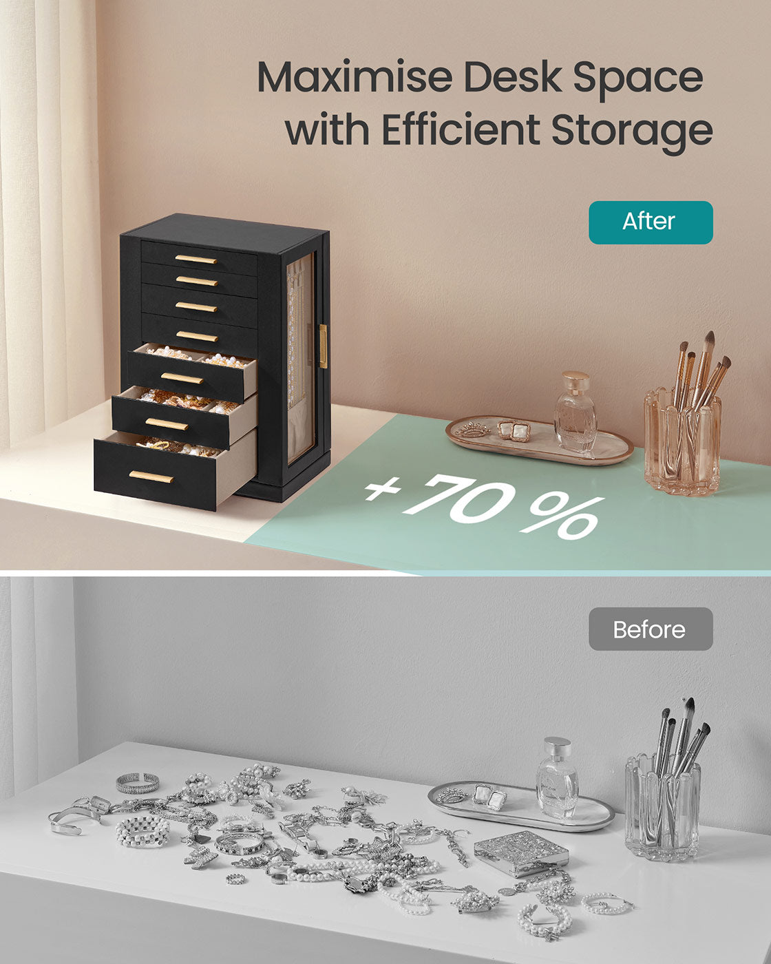 Jewellery Box - Wood - Black - 360° Rotating with 5 Drawers and Open Design
