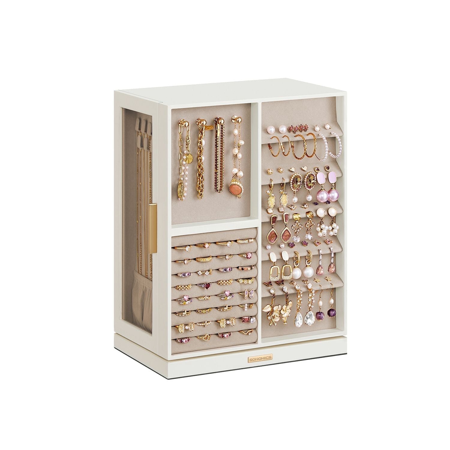 360° Rotating Jewellery Box - Wood - Cloud White - 7 Drawers with Glass Window and Open Design