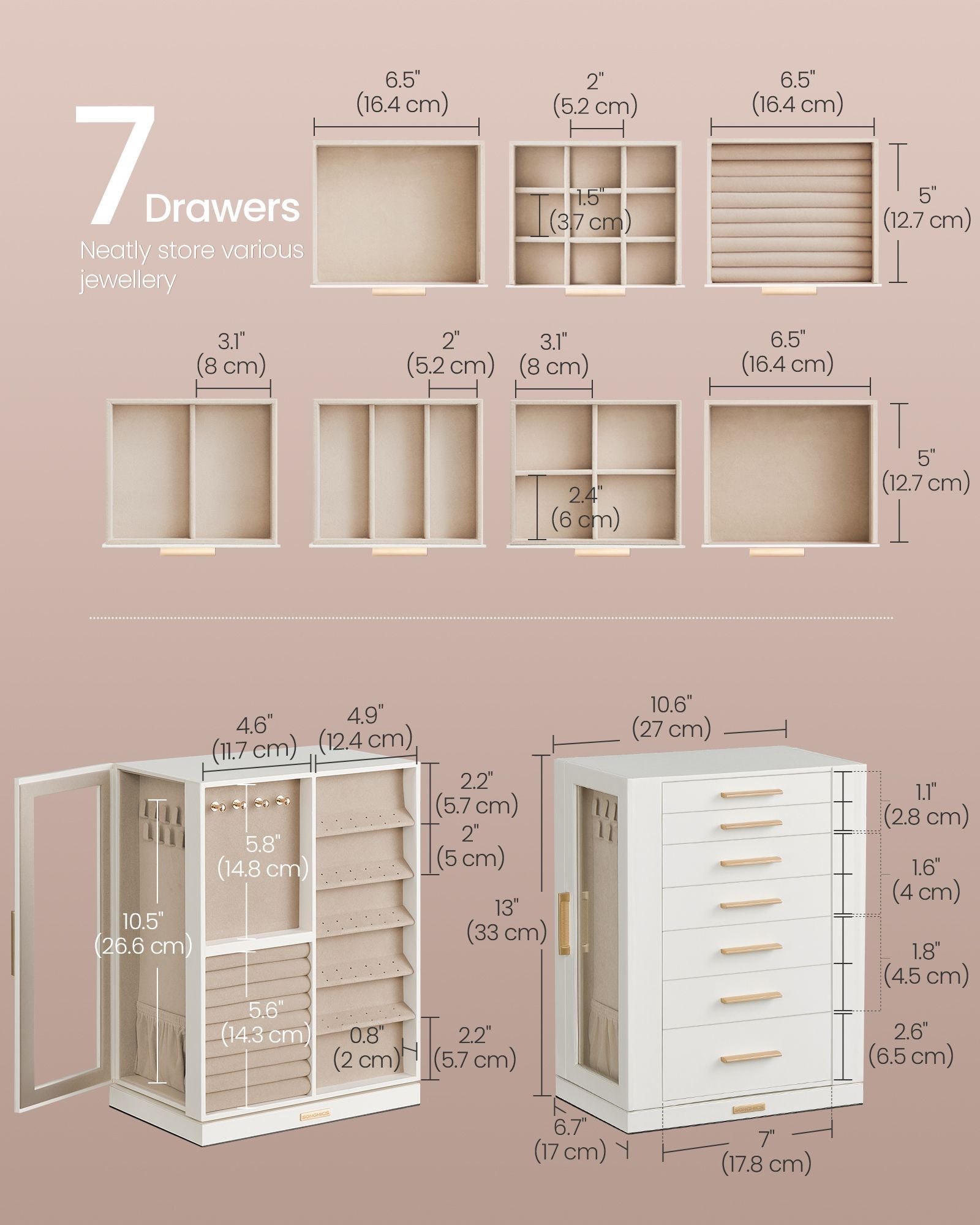 360° Rotating Jewellery Box - Wood - Cloud White - 7 Drawers with Glass Window and Open Design