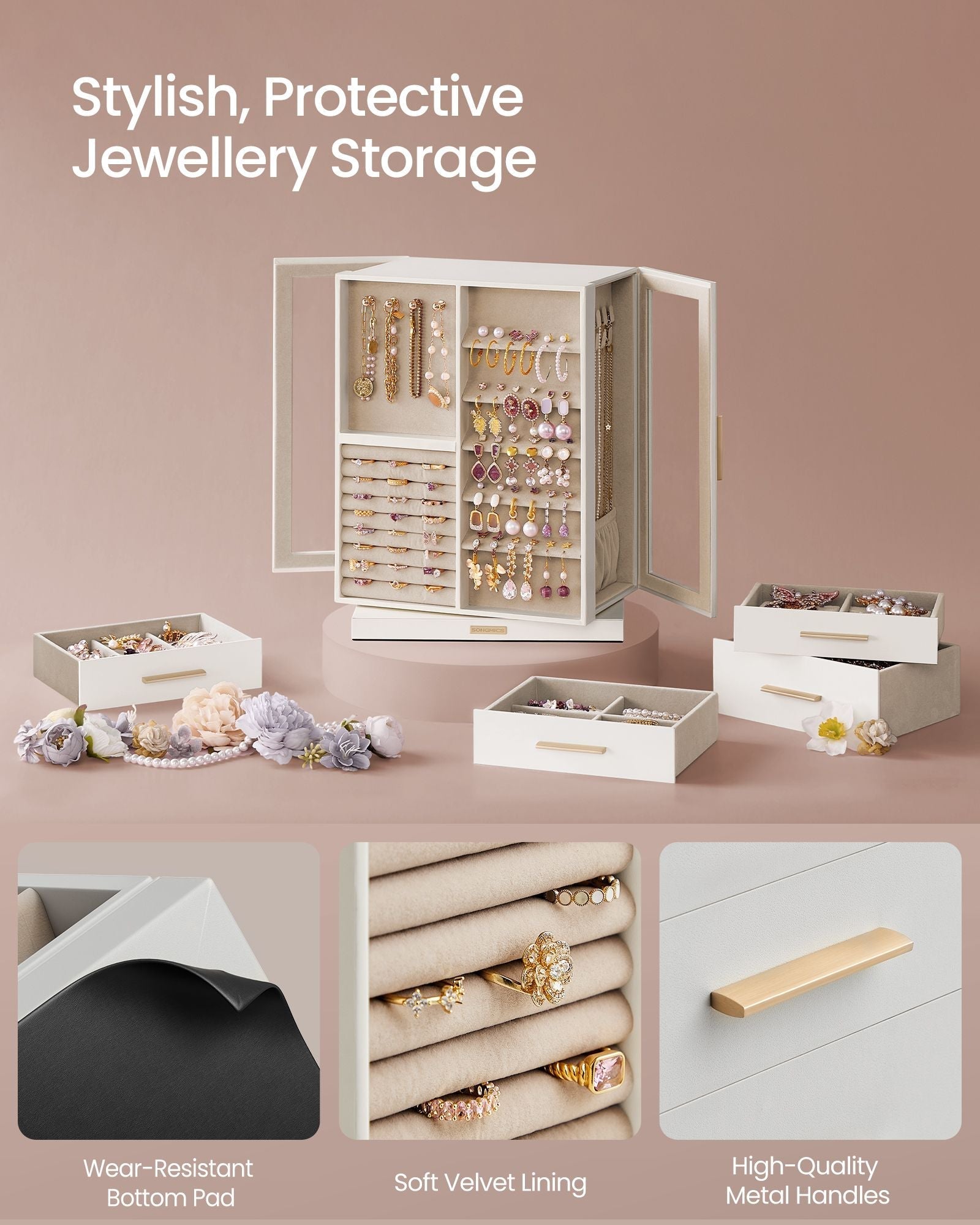360° Rotating Jewellery Box - Wood - Cloud White - 7 Drawers with Glass Window and Open Design