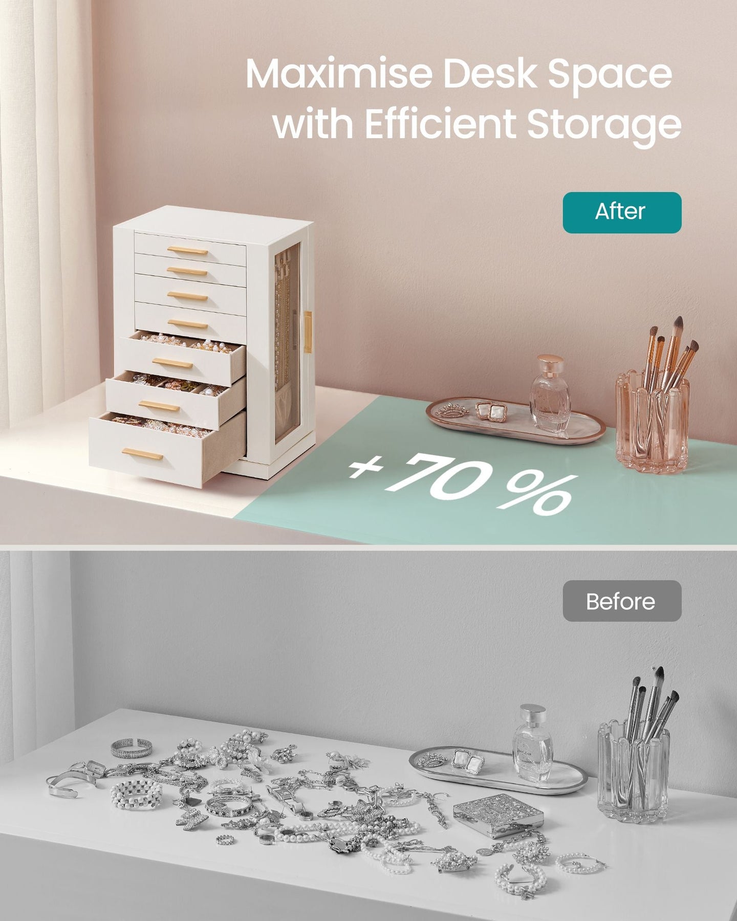 360° Rotating Jewellery Box - Wood - Cloud White - 7 Drawers with Glass Window and Open Design