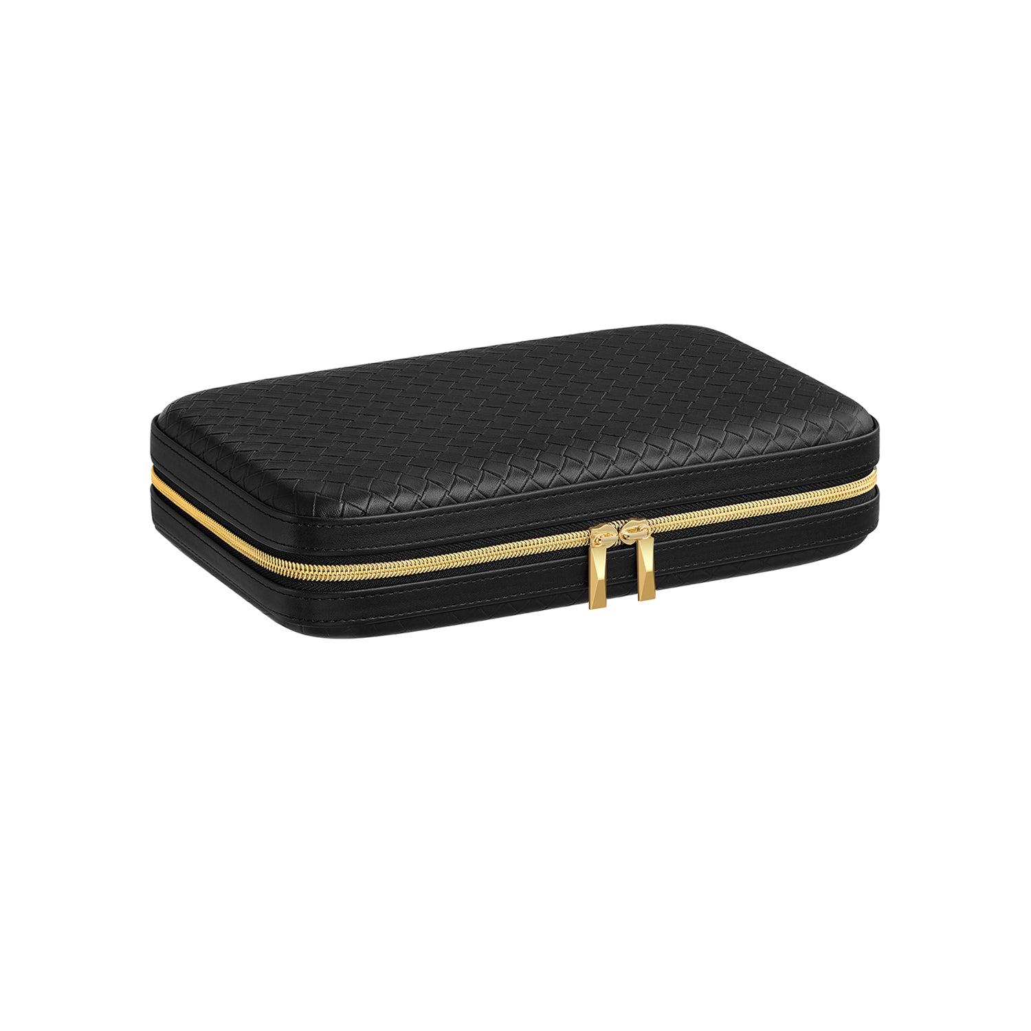 Travel Jewellery Box - Woven Embossed PU Leather - Ink Black - Large Capacity with Mirror