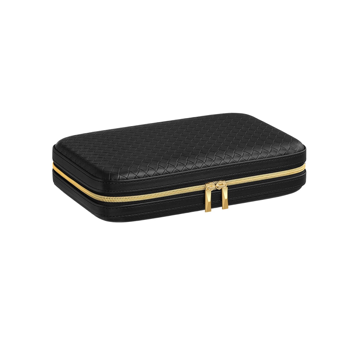 Travel Jewellery Box - Woven Embossed PU Leather - Ink Black - Large Capacity with Mirror