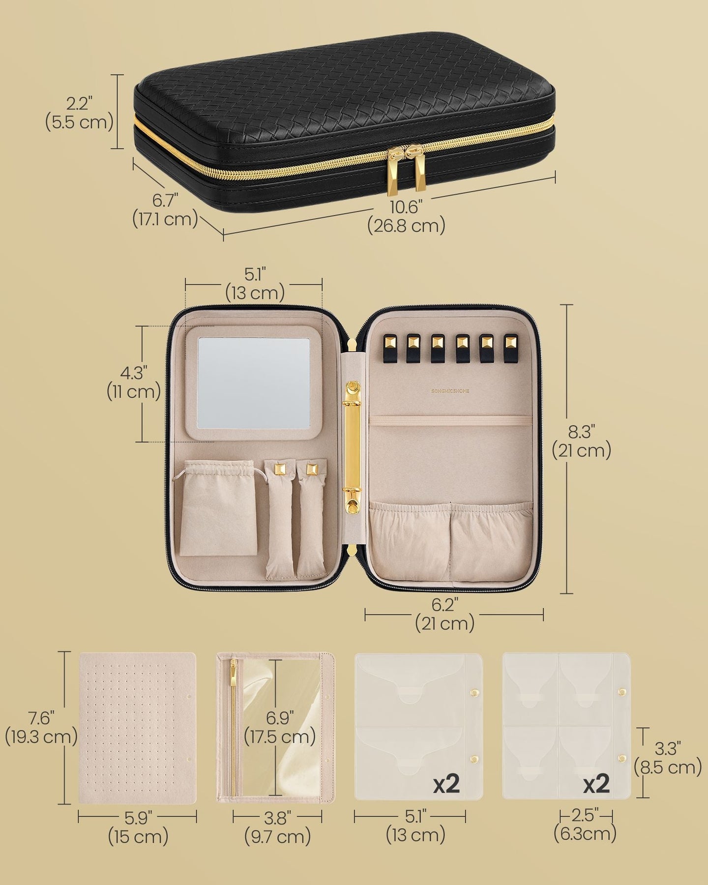 Travel Jewellery Box - Woven Embossed PU Leather - Ink Black - Large Capacity with Mirror