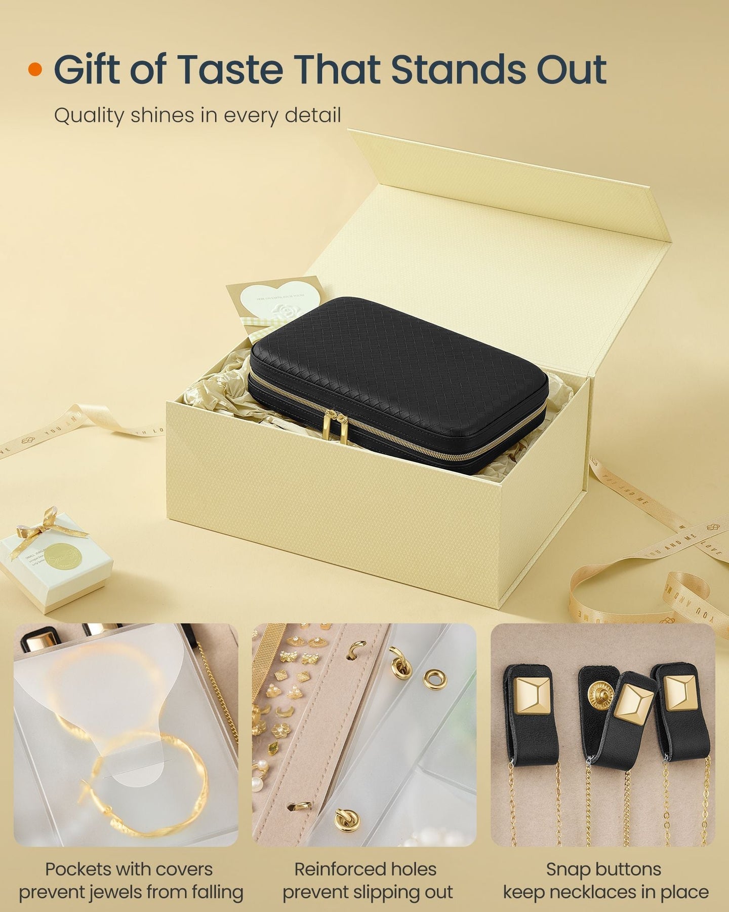 Travel Jewellery Box - Woven Embossed PU Leather - Ink Black - Large Capacity with Mirror
