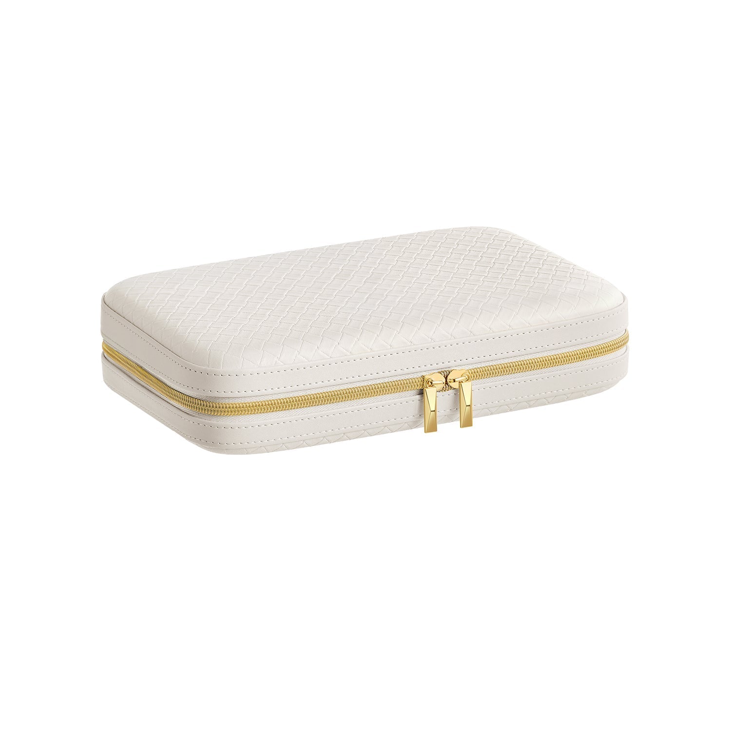 Travel Jewellery Box - Woven Embossed PU Leather - Cloud White - Large Capacity with Mirror