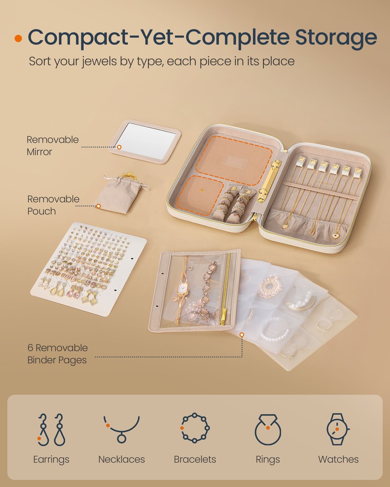 Travel Jewellery Box - Woven Embossed PU Leather - Cloud White - Large Capacity with Mirror