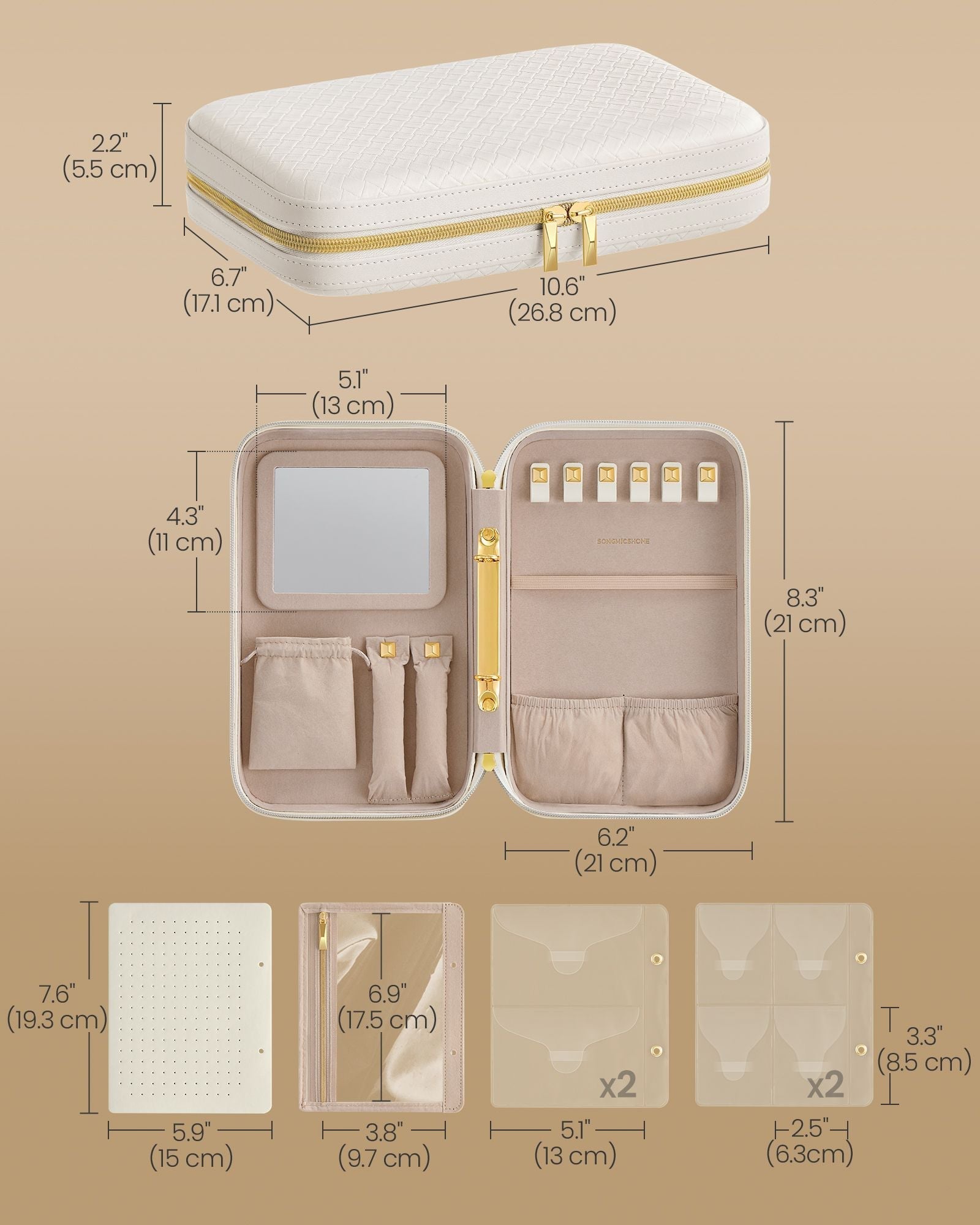 Travel Jewellery Box - Woven Embossed PU Leather - Cloud White - Large Capacity with Mirror