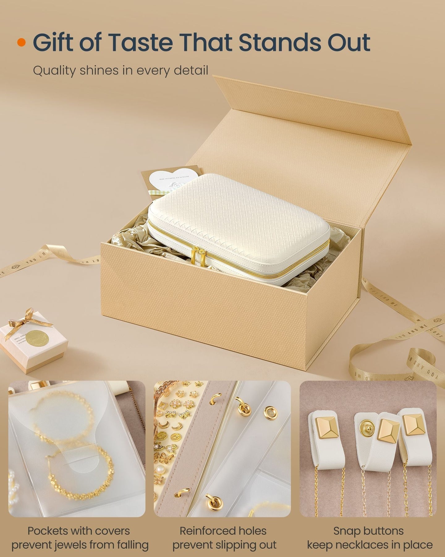 Travel Jewellery Box - Woven Embossed PU Leather - Cloud White - Large Capacity with Mirror