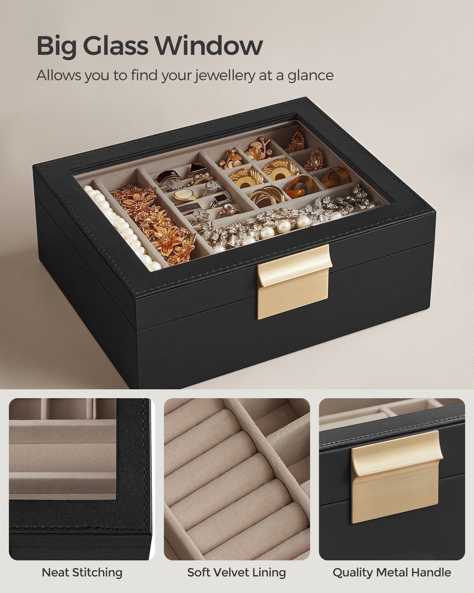 Jewellery Organiser - Wood - Graphite Black - 2-Layer with Removable Tray